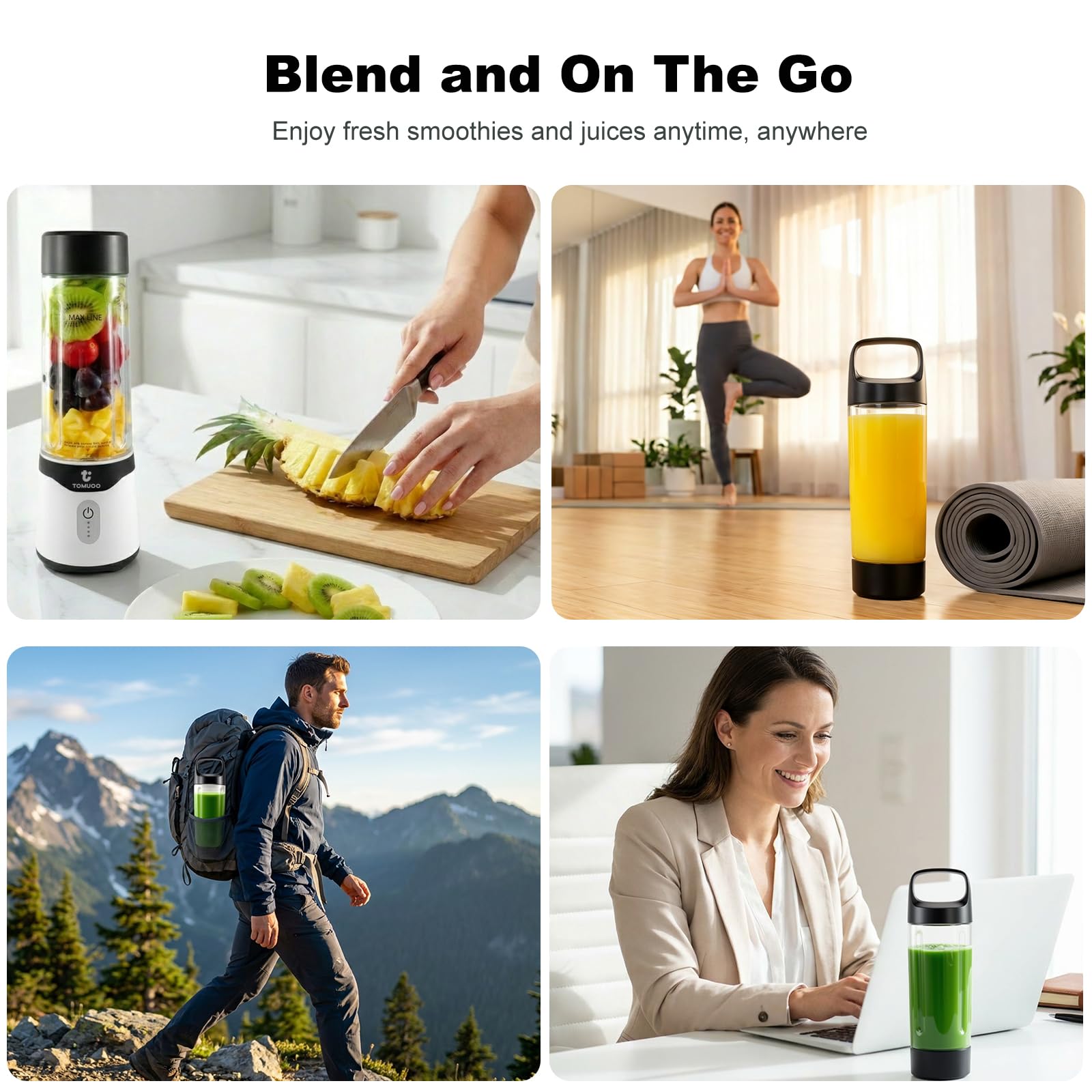 Mini Frullatore portatile per smoothie e frappè, 520ml con coperchio, nero | Frullatore personale senza BPA con 6 lame e funzione di ricarica USB-C, frullatore ricaricabile per viaggi, sport e cucina