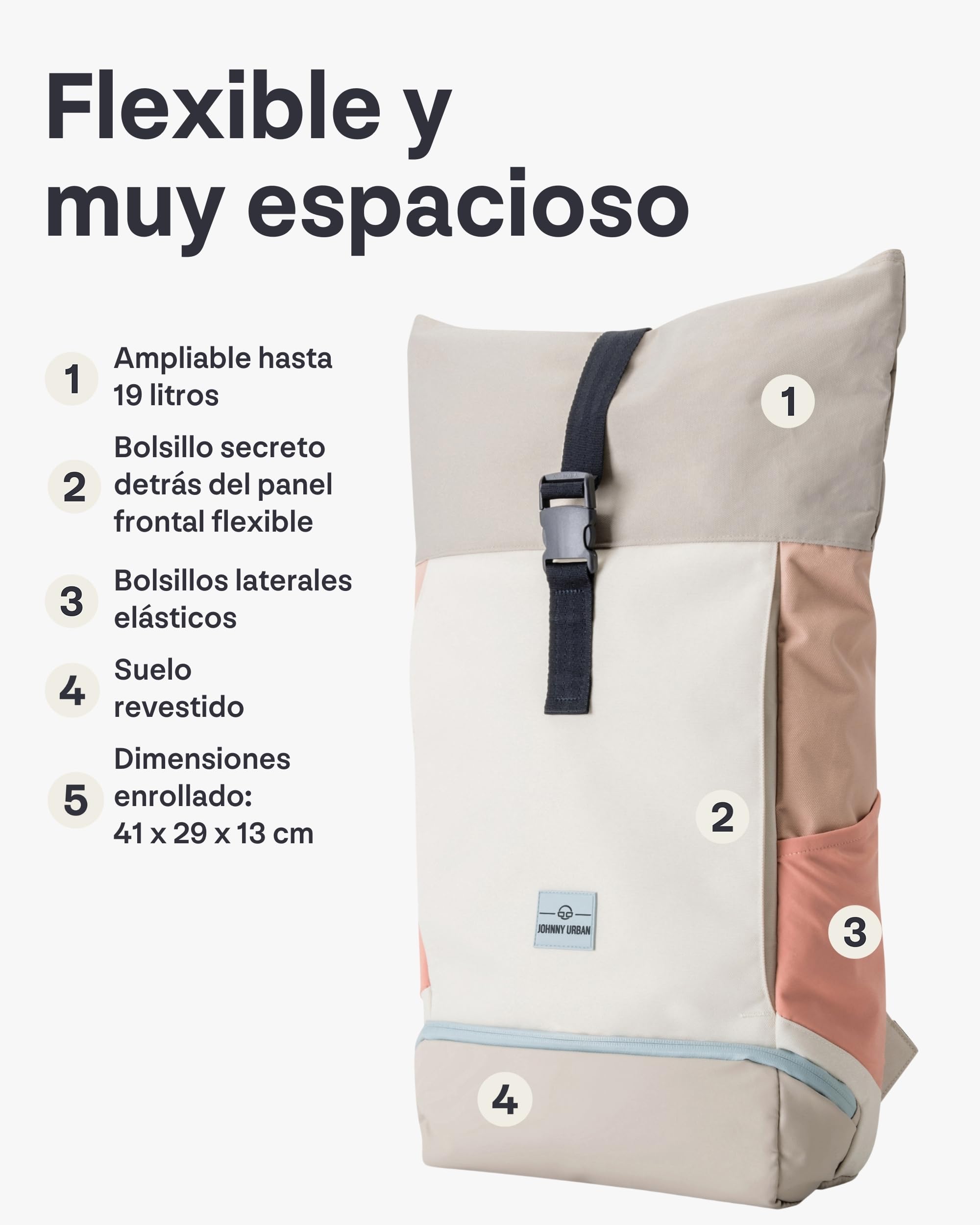 Johnny Urban Mochila Enrollable Mujer Beis Rosa - Allen Medium - Bolso para Viaje, Universidad, Trabajo - Compartimento para Portátil - Repelente al Agua