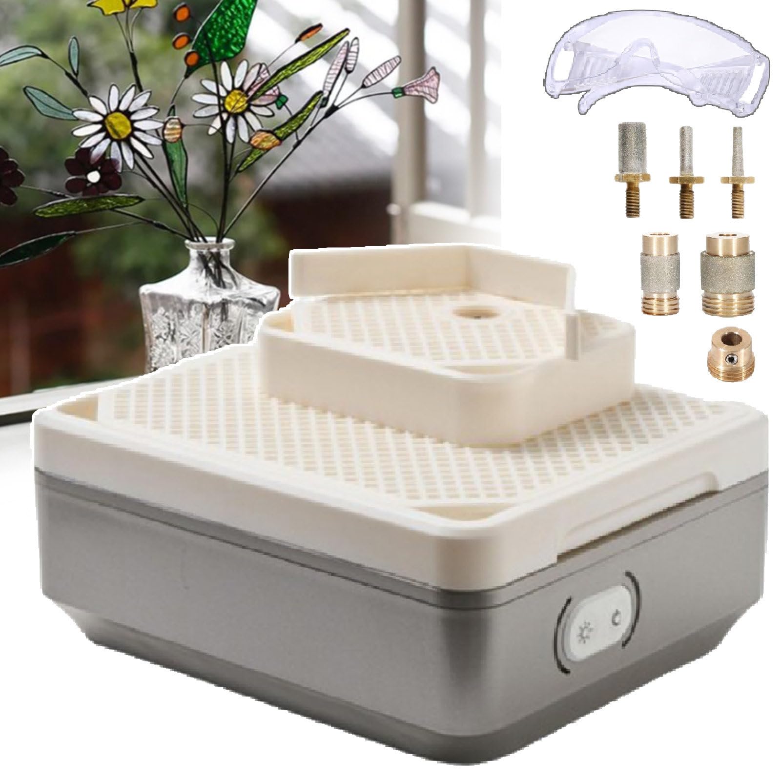 Agreilduite Automatic Water Stained Glass Grinder Machine - 4000Rpm With Drilling & Edge Refinement, Diamond Bits 5/8In & 1In & 1/4In & 1/8In & 1/8In Conical, Table Glass Grinder With Sponge/Glasses