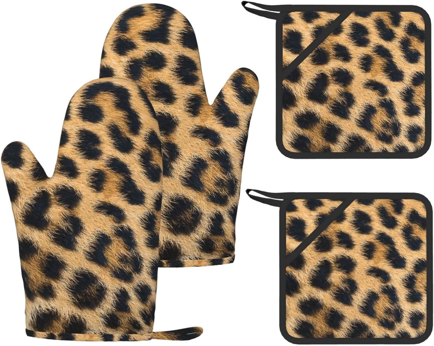 Rough Leopard Print Oven Mitts and Pot Holders Set of 4 Heat Resistant Kitchen Gloves with Silicone Palm Hot Pads for Baking Cooking Grilling BBQ