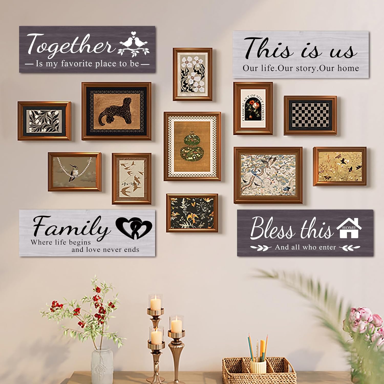 4 pcs home wall decor house decor "THIS IS US/TOGETHER/BLESS THIS HOME/FAMILY", wall decor living room family sign Rustic Wooden Farmhouse Art 13.8x4.72inch