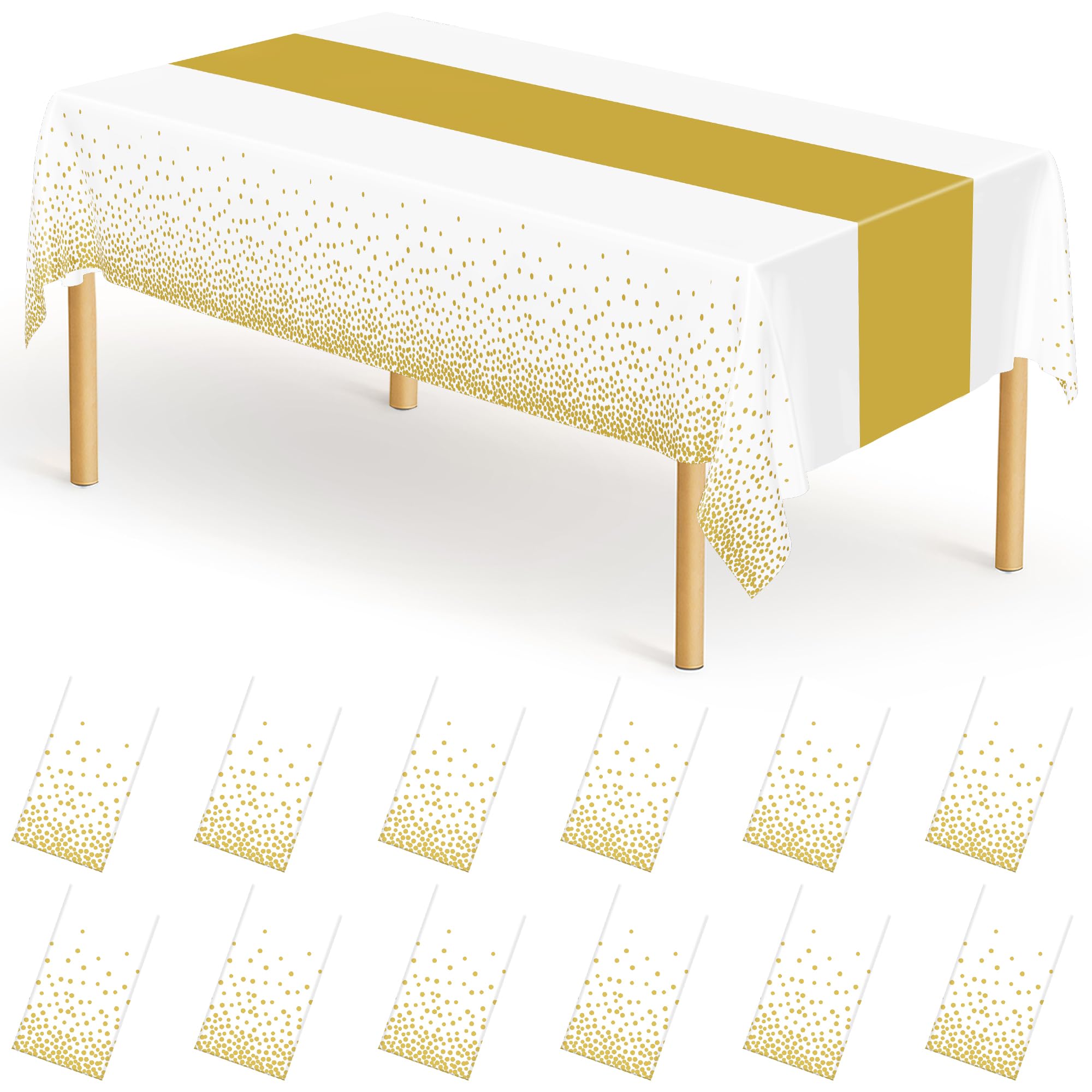 QZYL 12Pack Table Cloth Rectangle Tables, 54 x 108 Disposable Party White Table Cloths with Gold Dot, Waterproof Table Covers for Birthday Outdoor Wedding New Year Eve Birthday Decorations Supplies