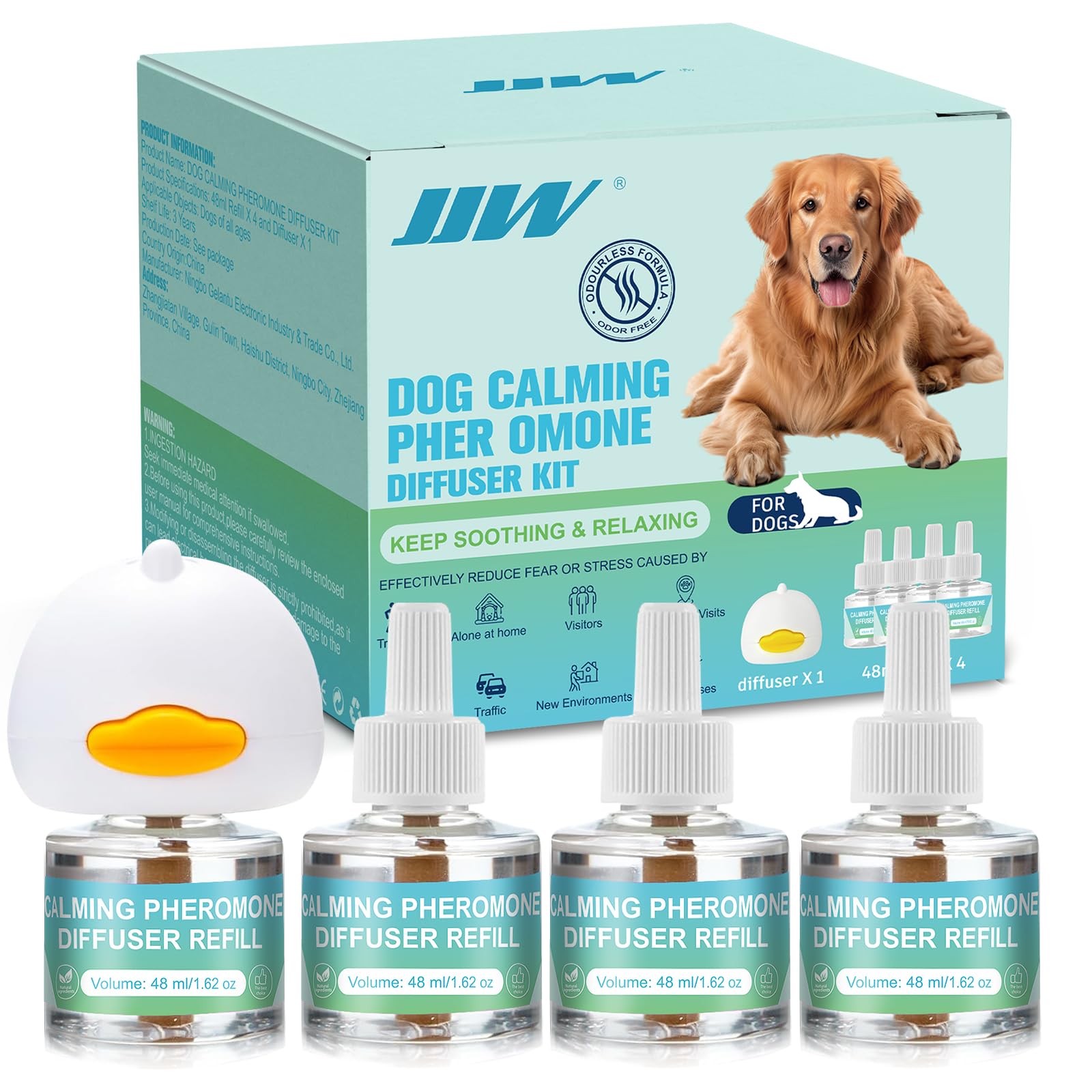 JJW Kit Diffuseur de Phéromones Apaisantes pour Chiens - 1 Diffuseur + 4×48ml Recharges | Réduit Anxiété, Stress & Peur | Apaisant pour Orages, Circulation, Nouveaux Environnements