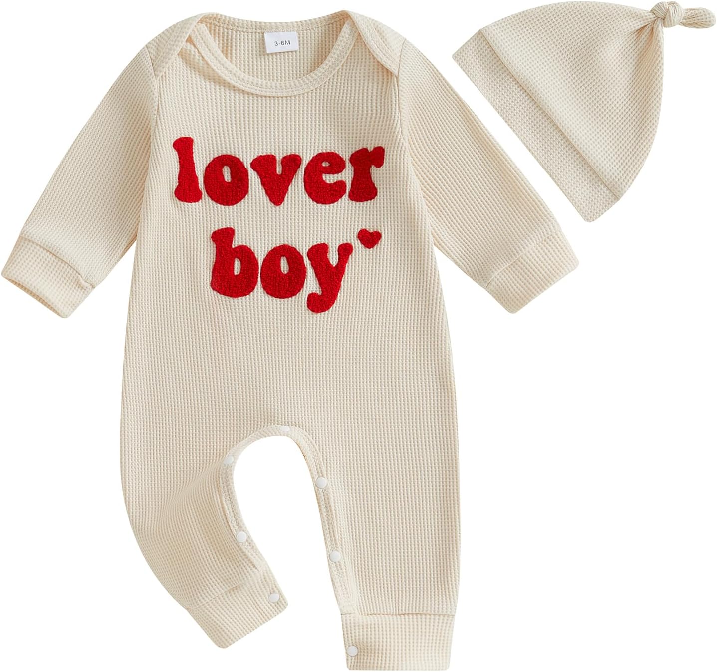 Newborn Baby Boy Valentines Outfit Letter Embroidery Waffle Knit Romper Jumpsuit Long Sleeve Knit Bodysuit Hat