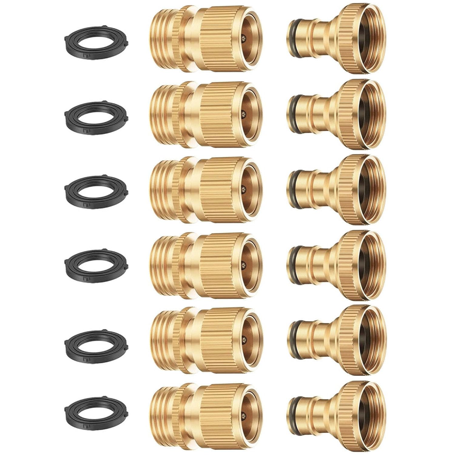 Set di connettori rapidi per tubo da giardino, in ottone massiccio, filettatura da 3/4 pollici, facile da collegare, senza perdite, maschio e femmina, 6 set