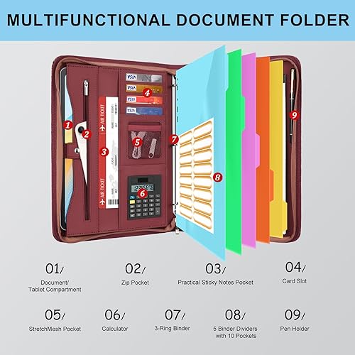 Vista 53 de Eshow Organizador de cartera, carpeta de 3 anillos con cremallera, carpeta de cuero vegano con bloc de notas, incluye 10 protectores de hojas Negro