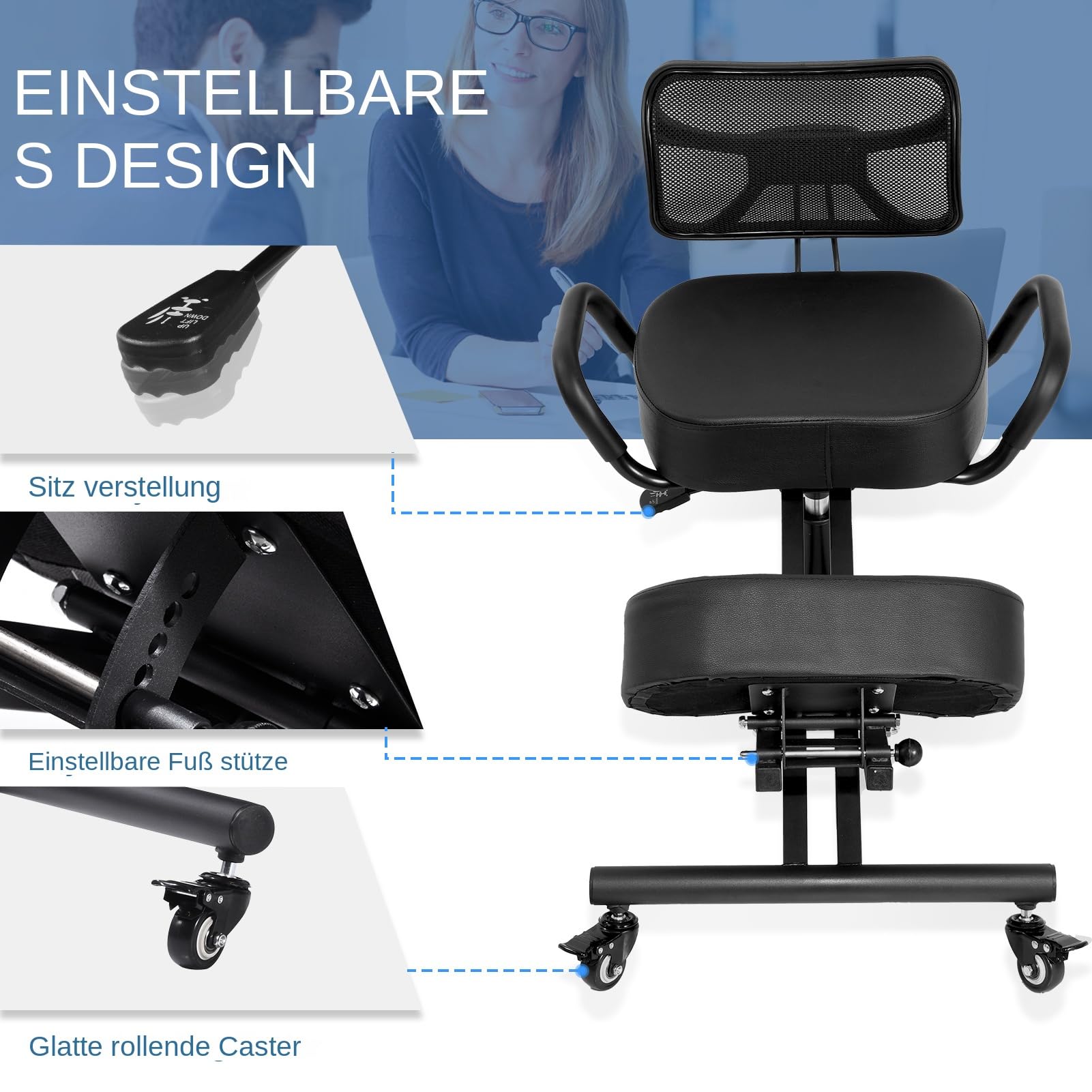 Chaise genoux, réglable, avec support dorsal et coussin en maille, repose-genoux, 4 positions, cadre stable, jusqu'à 100 kg, ergonomique, pour le bureau, l'école et la beauté