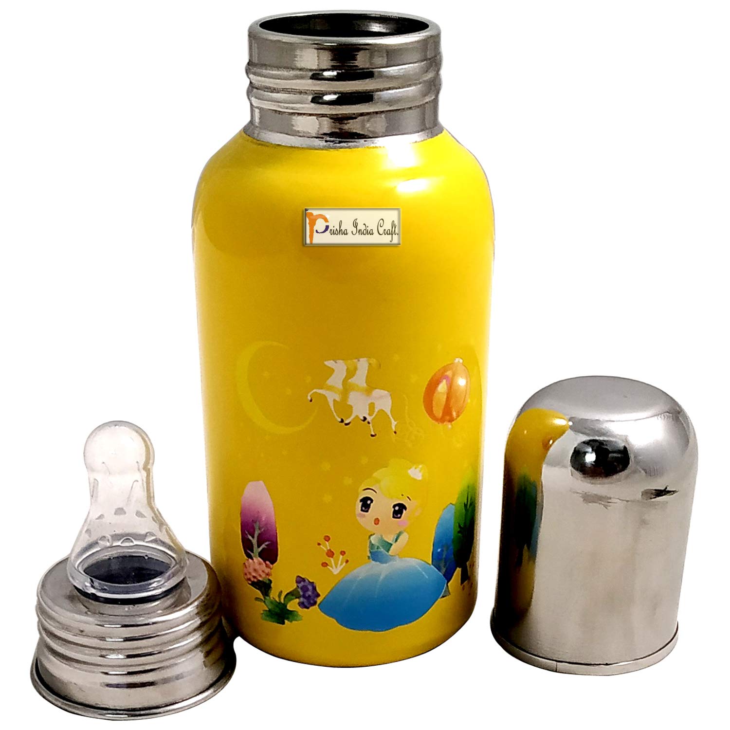 Prisha India Craft 304 Stainless Steel Bottle for Milk, Water, Juice, Printed Design, Capacity 330 ML, Yellow-image-49