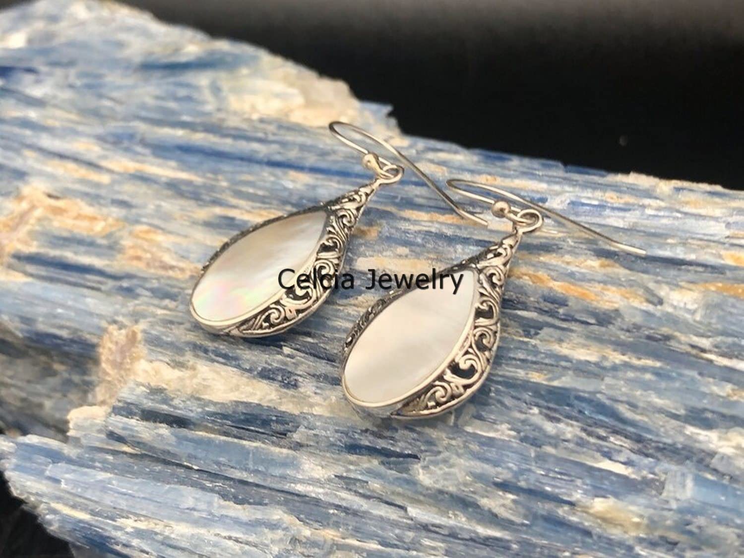 Solido argento sterling 925 orecchini a goccia per le donne, madreperla naturale pietra preziosa pera bellissimo regalo artigianale giugno Birthstone