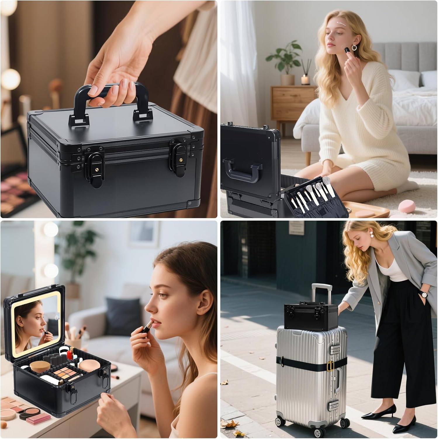 Travel Makeup Case with Lighted LED Mirror – Waterproof Cosmetic Organizer with Adjustable Dividers, Portable Makeup Train Case for Women, Black