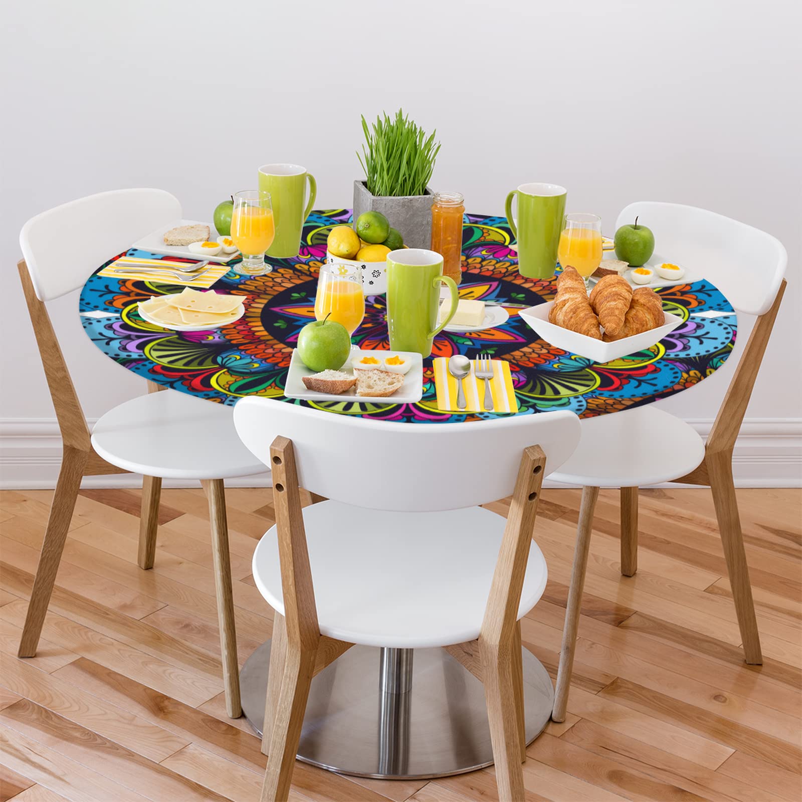 JanJCurt Mantel Redondo De Teñido Anudado, Estampado De Pétalos De Flores Y Espirales De Arco Iris, Mantel Bohemio De Mandala Colorido Para Decoración De Comedor Y Cocina, Redondo (70 X 70