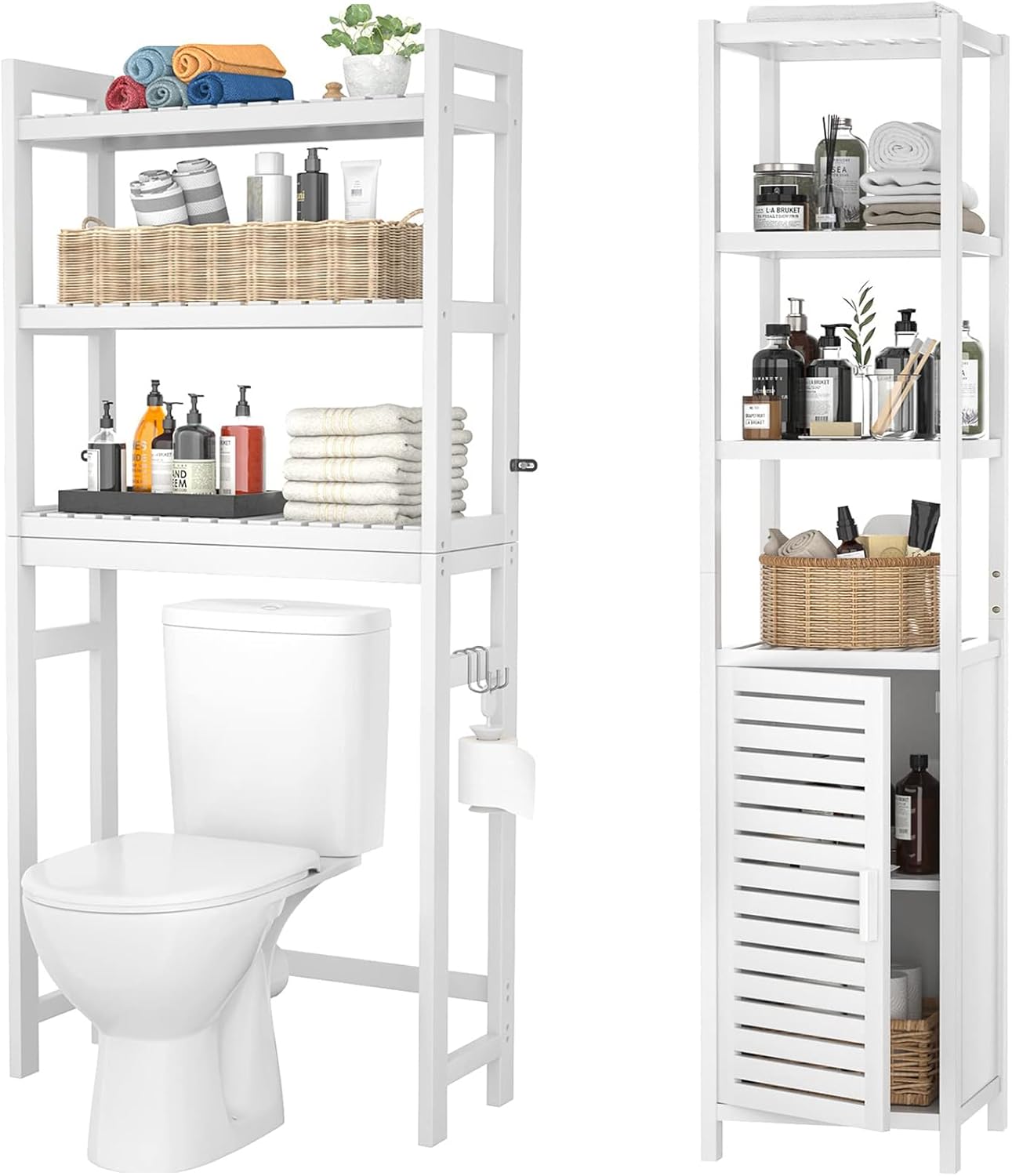Homykic Bamboo Over The Toilet Storage and 6-Tier Bathroom Cabinet Bundle, White