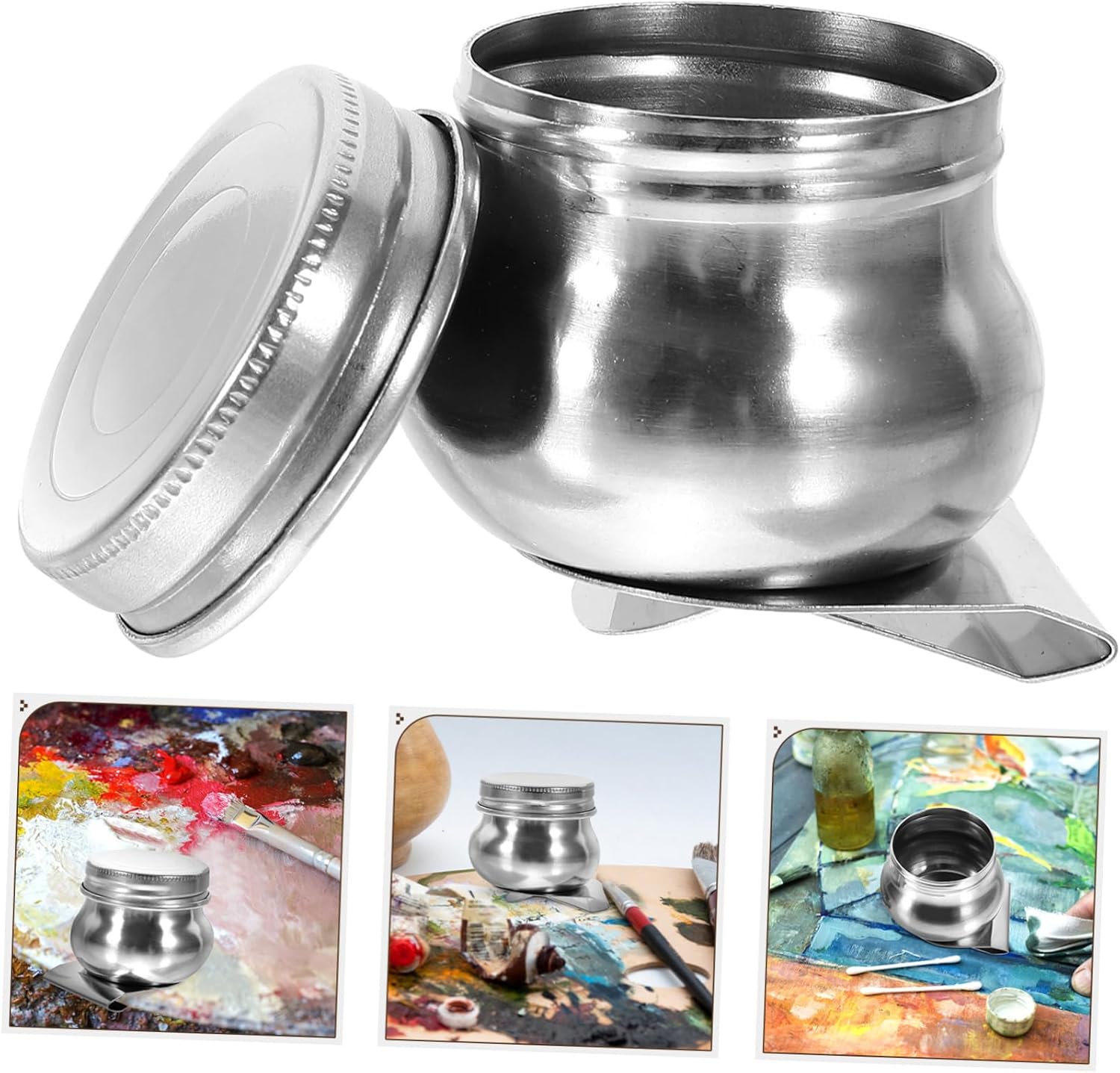 SEWACC 2pcs Oil Palette Cups Stainless Steel Cup Lid Easy to Clean Pigment Mixing Pot