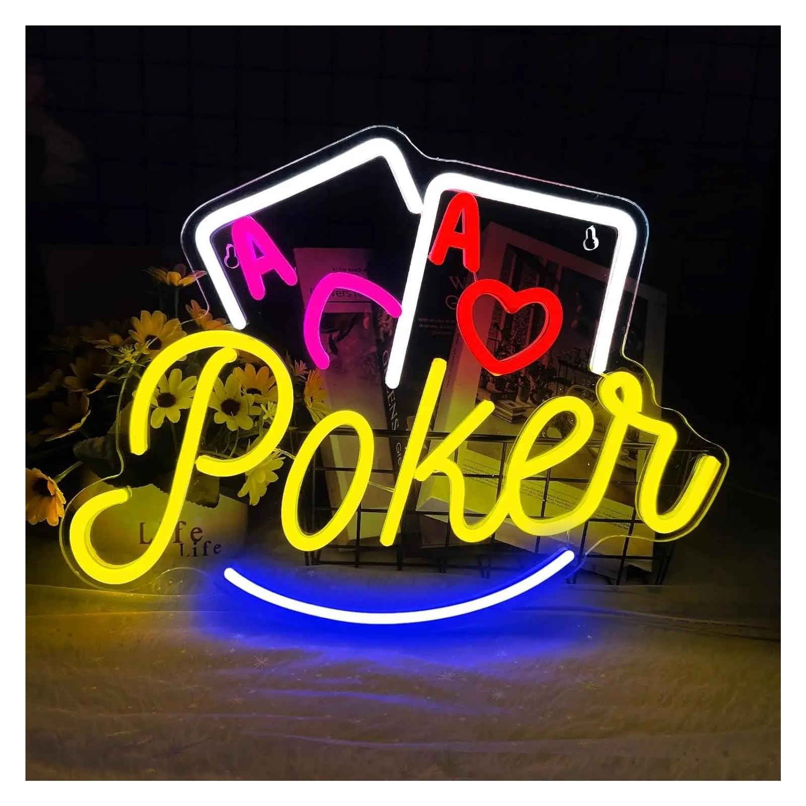 RONGCH Hanging Art Signs Poker Neon Sign, Playing Cards Casino Game Room Decor, USB Dimmable for Bar Club Cafe Decoration 40x30cm