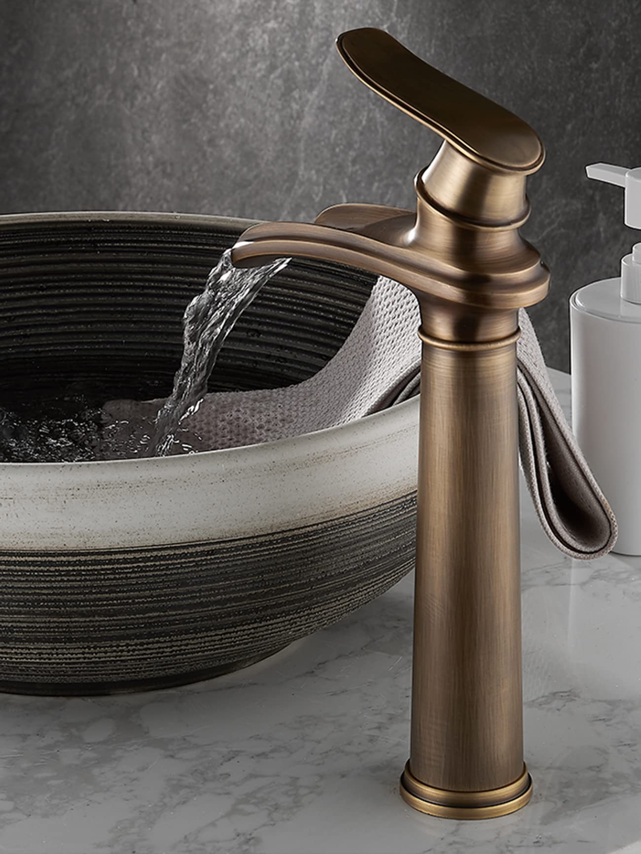 Waschtisch Armatur Wasserfall Schwarz, Retro Hoch Wasserhahn, Mischbatterie Bad (Retro Bronze-Hoch)