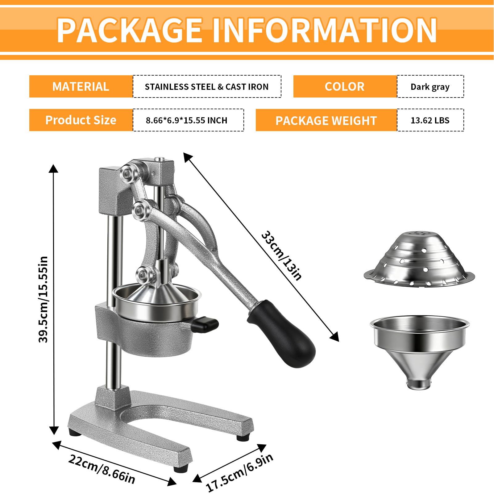 Saftpresse Edelstahl, Obstpresse, Zitruspresse, Orangenpresse Manuell | Entsafter Metall, Fruchtpresse - Handpresse Cast Iron Juicer für Orangen, Zitronen, Granatäpfel, Grapefruits (Hellgrau)