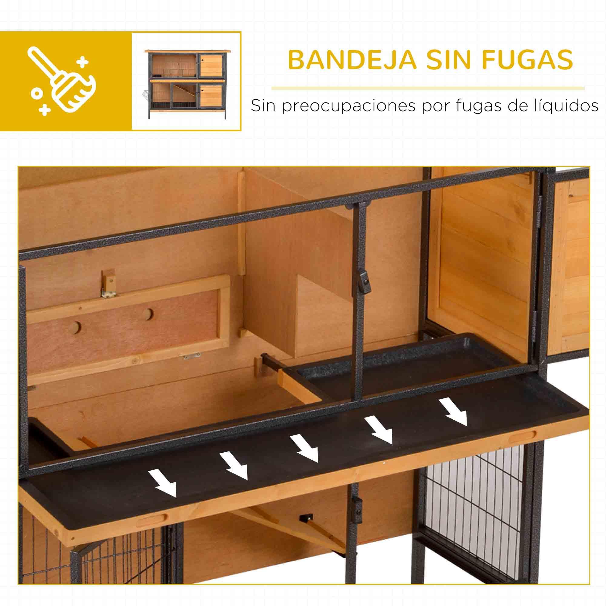 PawHut Conejera de Madera de 2 Niveles Jaula para Conejos con Techo Asfáltico Abatible Puertas con Pestillo Bandejas Extraíbles y Rampa Conejera para Exterior 122x50x101 cm Natural y Negro