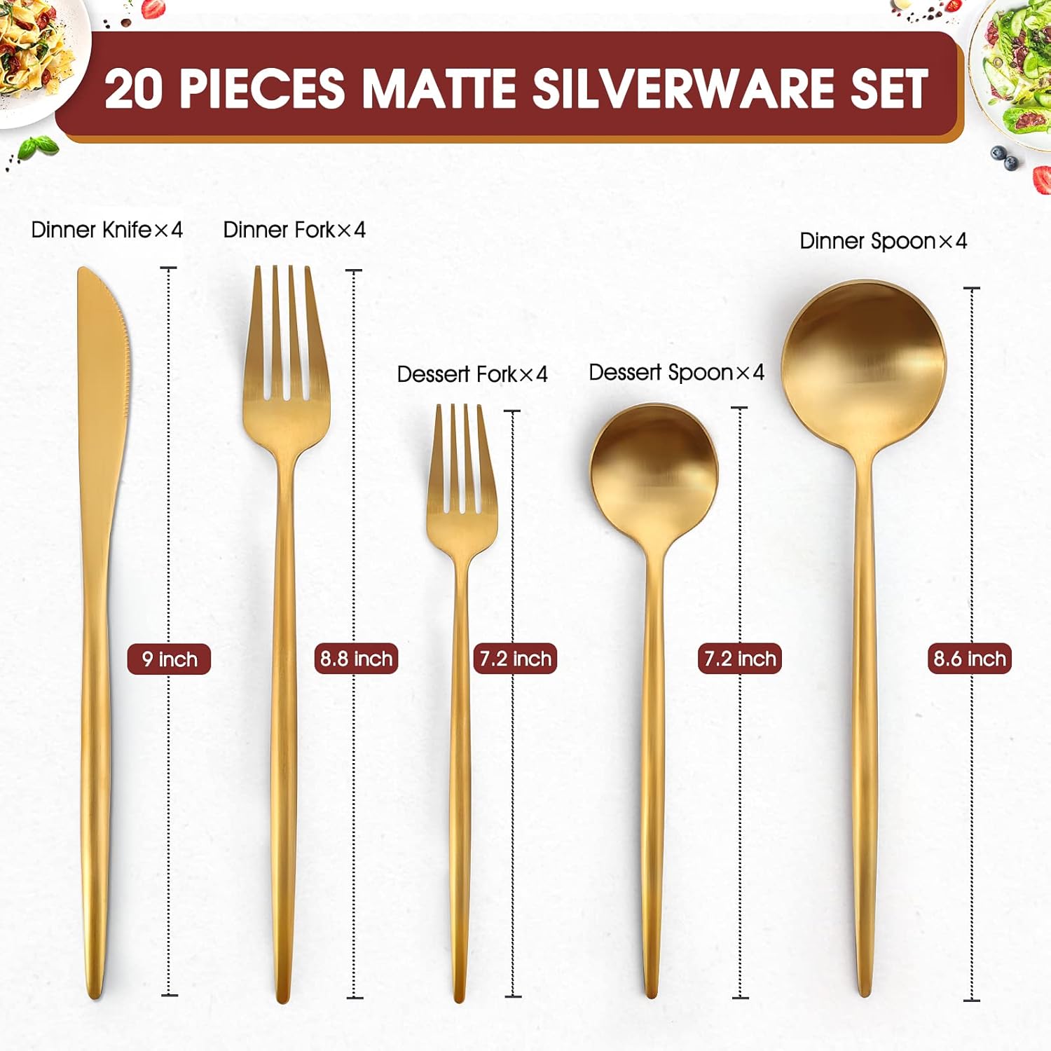 Black Friday - 80% OFF Vanston Matte Gold Silverware Set, 20-Piece Stainless Steel Flatware Set,Satin Finish Cutlery,Elegant Utensils Service for 4, Heavy Duty Gift and Dishwasher Safe