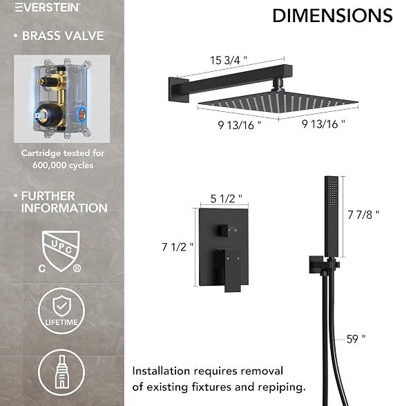 10 Inch High Pressure Rainfall Shower System with Handheld Spray, Wall Mount Bathroom Shower Faucet Set with Valve (Matte Black)