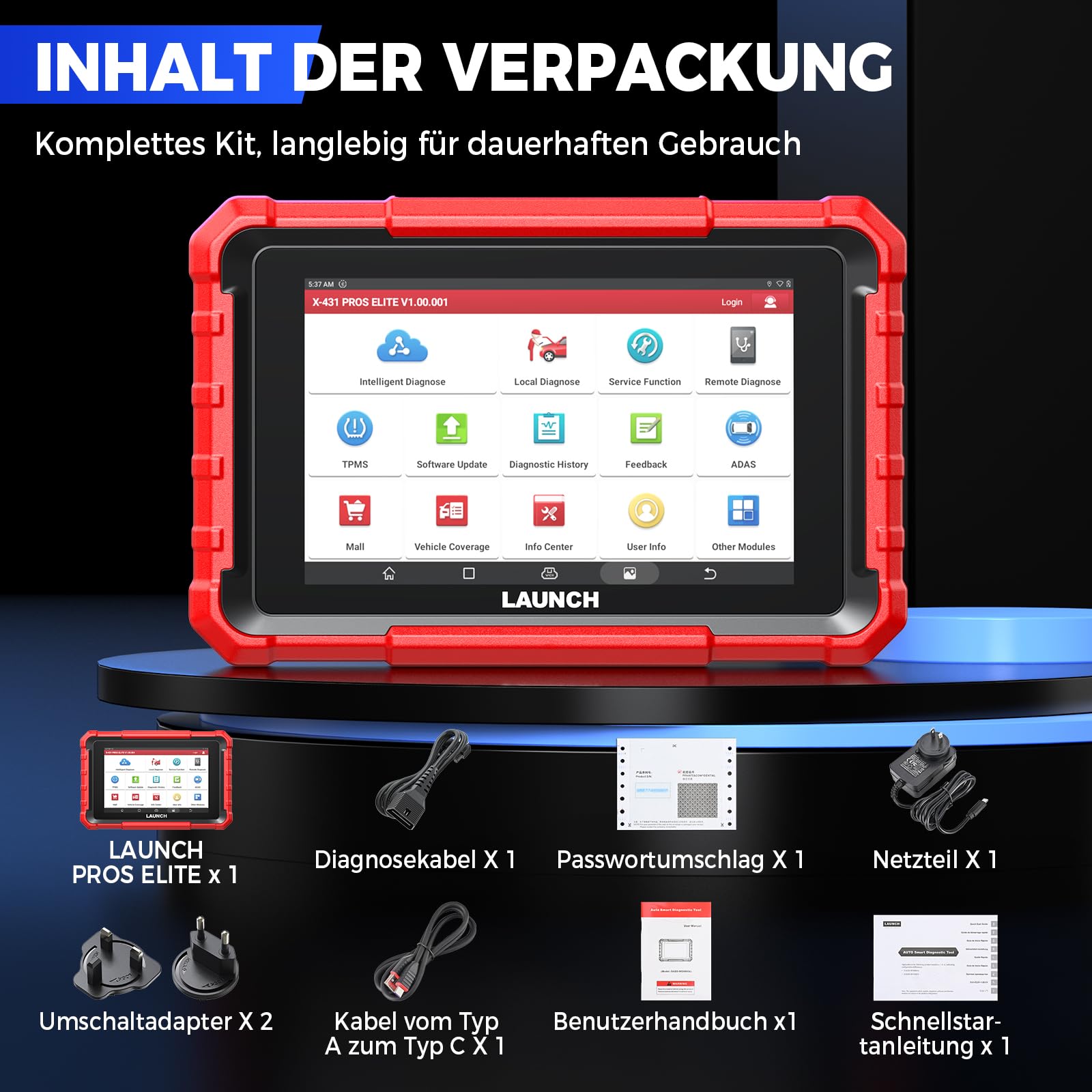 LAUNCH X431 PROS Elite OBD2 Diagnosegerät, Bi-direktionales Auto Scan-Tool mit ECU-Codierung, FCA SGW Autos, CANFD & DOIP, 45+ Zurücksetzen, All-System-Diagnose, Aktive Tests