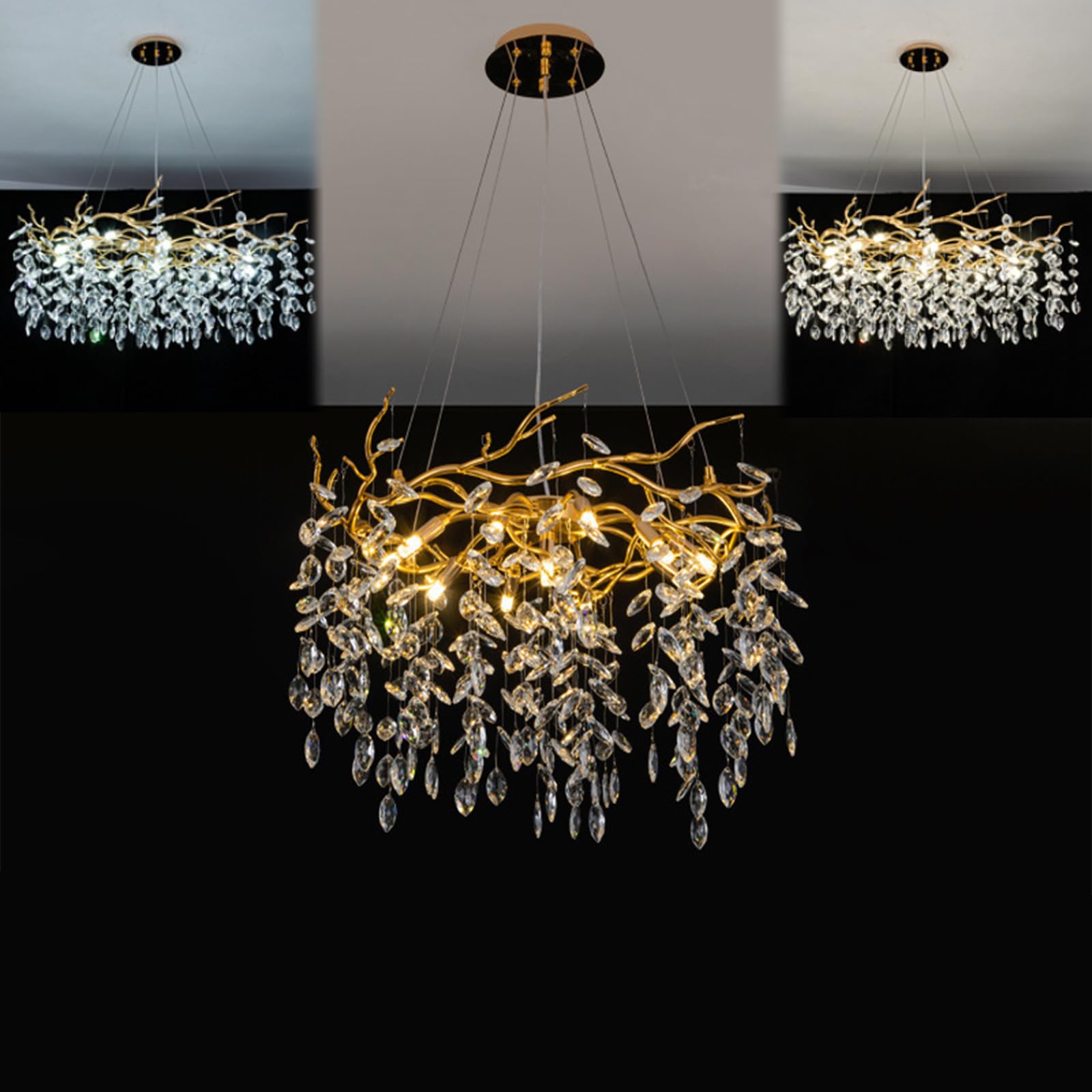 Lámpara de araña moderna de cristal con diseño de ramas de árbol,iluminación de tres tonos,dorada,redonda,dispositivo de iluminación para comedor,recámara,sala de estar o entrada,Oro,60cm/23.6in