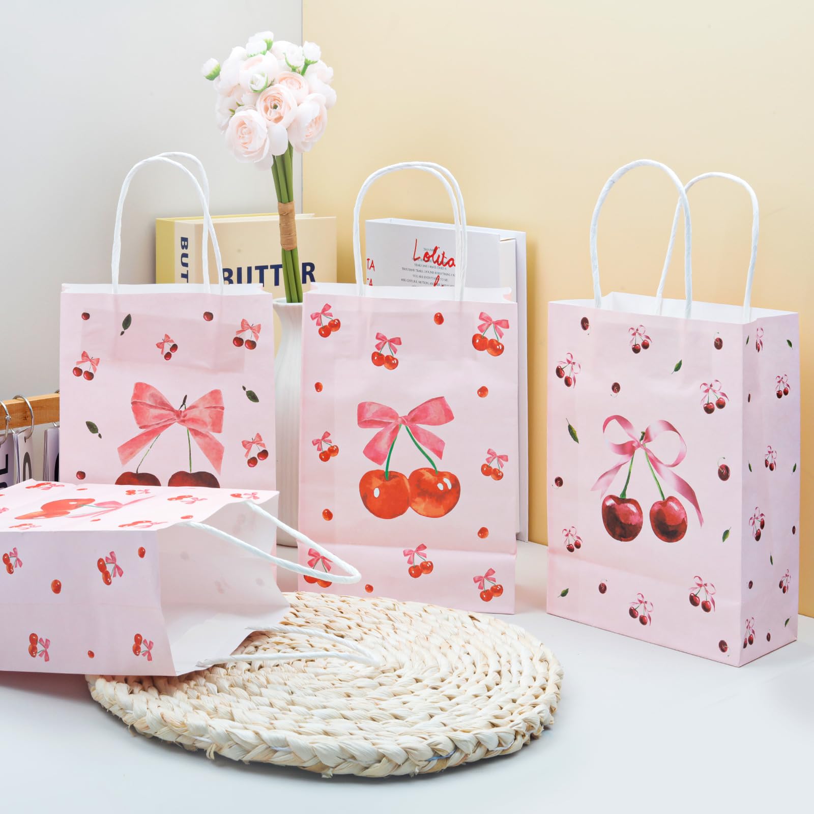12pcs Cherry Gift Bag, Pink Bow Medium Gift Bags with Tissue Paper, Cherry Party Decorations for Birthday Bridal Shower Baby Shower Wedding Party Favor Bags (8.27 x 6.3 x 3.15 inch)
