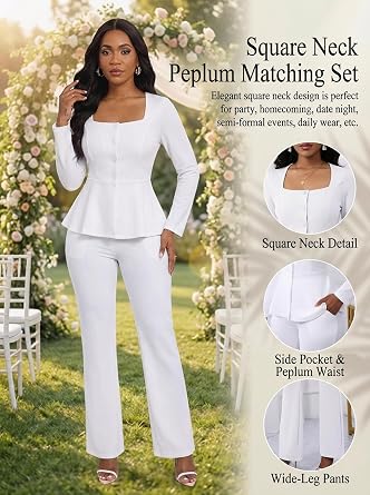 Ekaliy Pants Suits for Women Dressy 2 Piece Business Casual Outfits | Long Sleeve,Square Neck,Peplum Blazer,Flare Skinny Pants With Pockets,Elegant 2 Piece Work Sets,Business Outfits