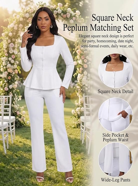 Ekaliy Pants Suits for Women Dressy 2 Piece Business Casual Outfits | Long Sleeve,Square Neck,Peplum Blazer,Flare Skinny Pants With Pockets,Elegant 2 Piece Work Sets,Business Outfits