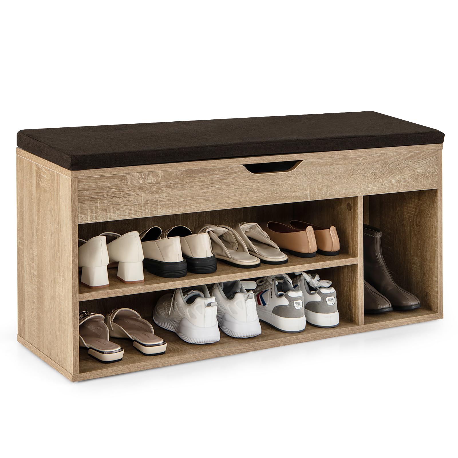 Banc à chaussures rembourré bois naturel 104cm meuble entrée salon