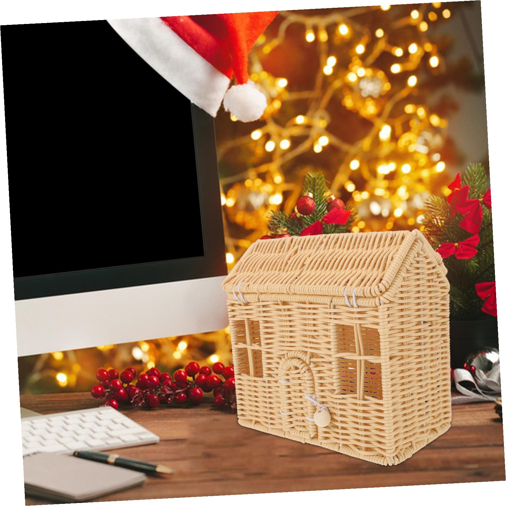 Cesta Tejida Artesanal con Diseño Casita para Dulces y Regalos Cesta Navideña Multifuncional para Bodas Fiestas y Decoración Festiva Resistente y Compacta