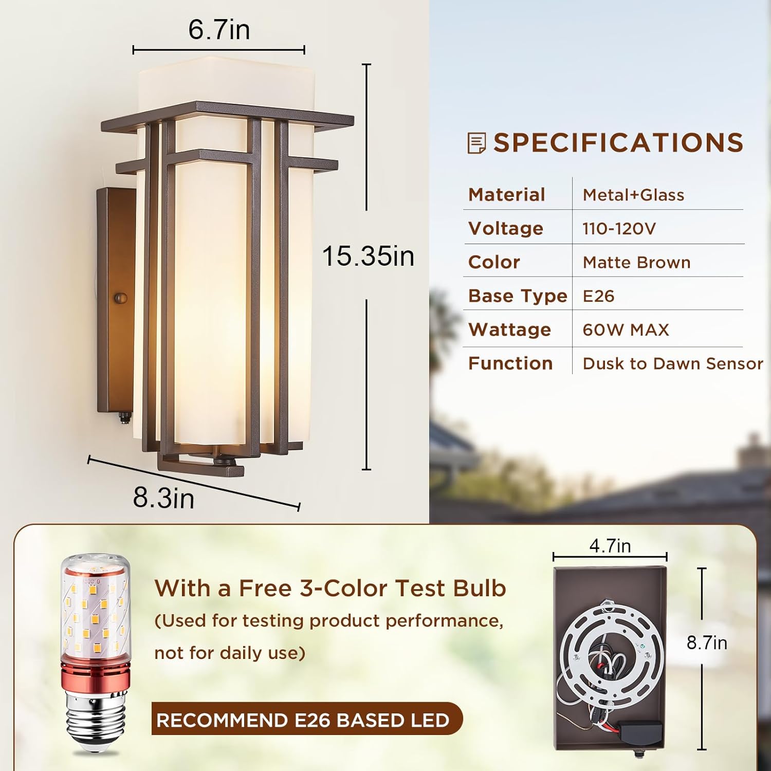 15.35"H Matte Brown Outdoor Wall Light Large Outdoor Wall Lantern Oil Rubbed Bronze Exterior Light Fixture Waterproof Metal with Frosted Glass Sconce Light for Porch Garage Front Door, Brown (Large)