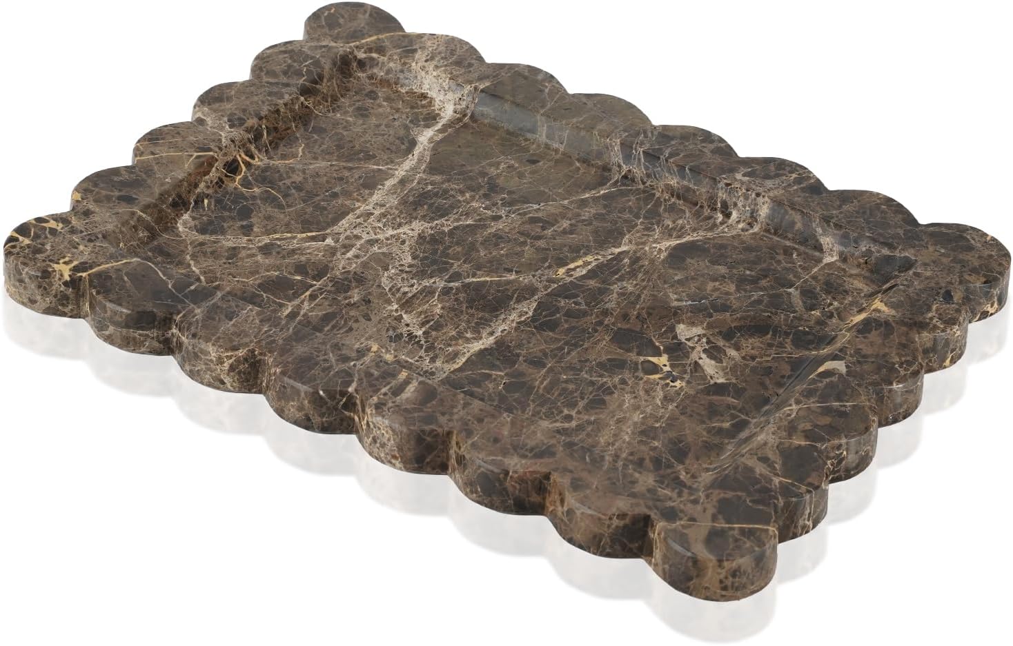 Rectangle Marble Tray with Scalloped Edge, Dark Brown Decorative Tray for Bathroom Vanity, Kitchen Counter, Dresser Top Organizer, Perfume Jewelry Holder, 11x8 Inch Natural Stone Home Décor