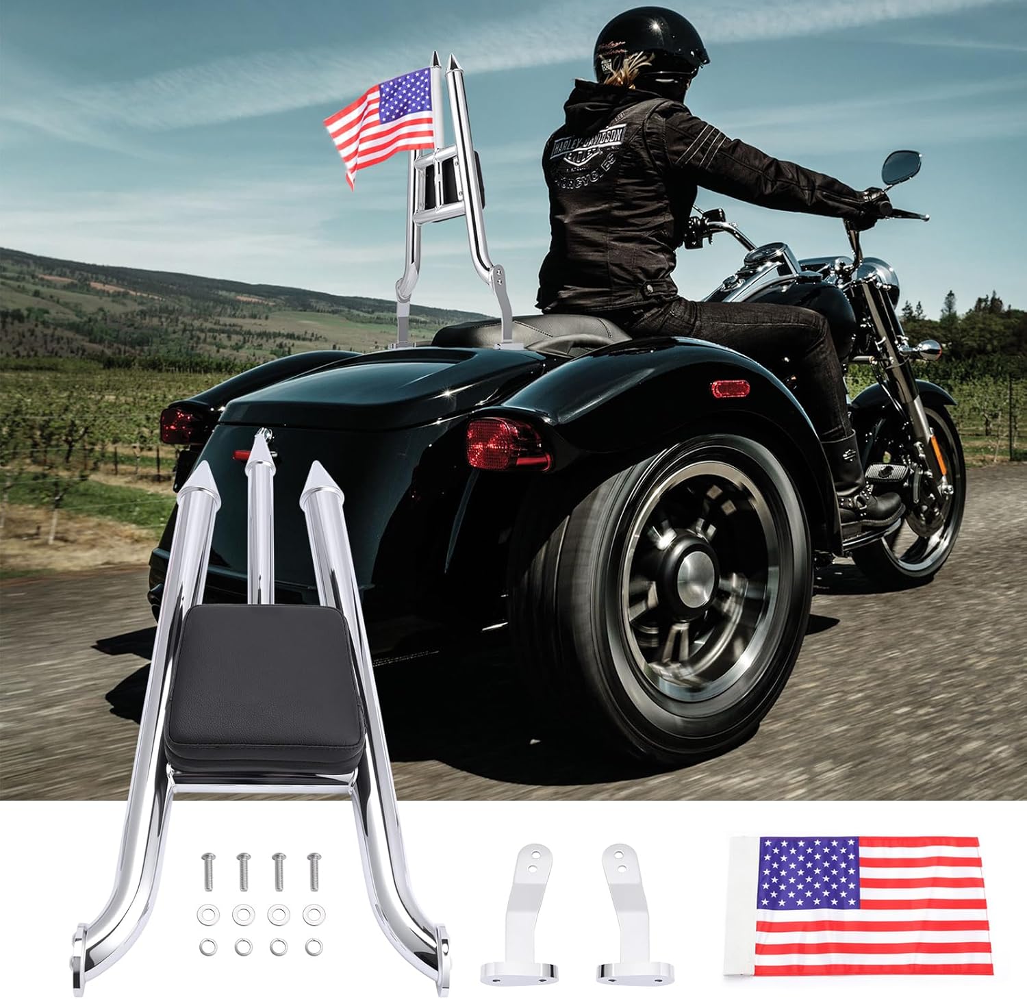 Sissy Bar, 27‘’ Tall Detachable Passenger Backrest Pad Fit For Harley Davidson FLRT Freewheeler 2015-2024 Road Glide 3 FLTRT 2023 (Chromed)