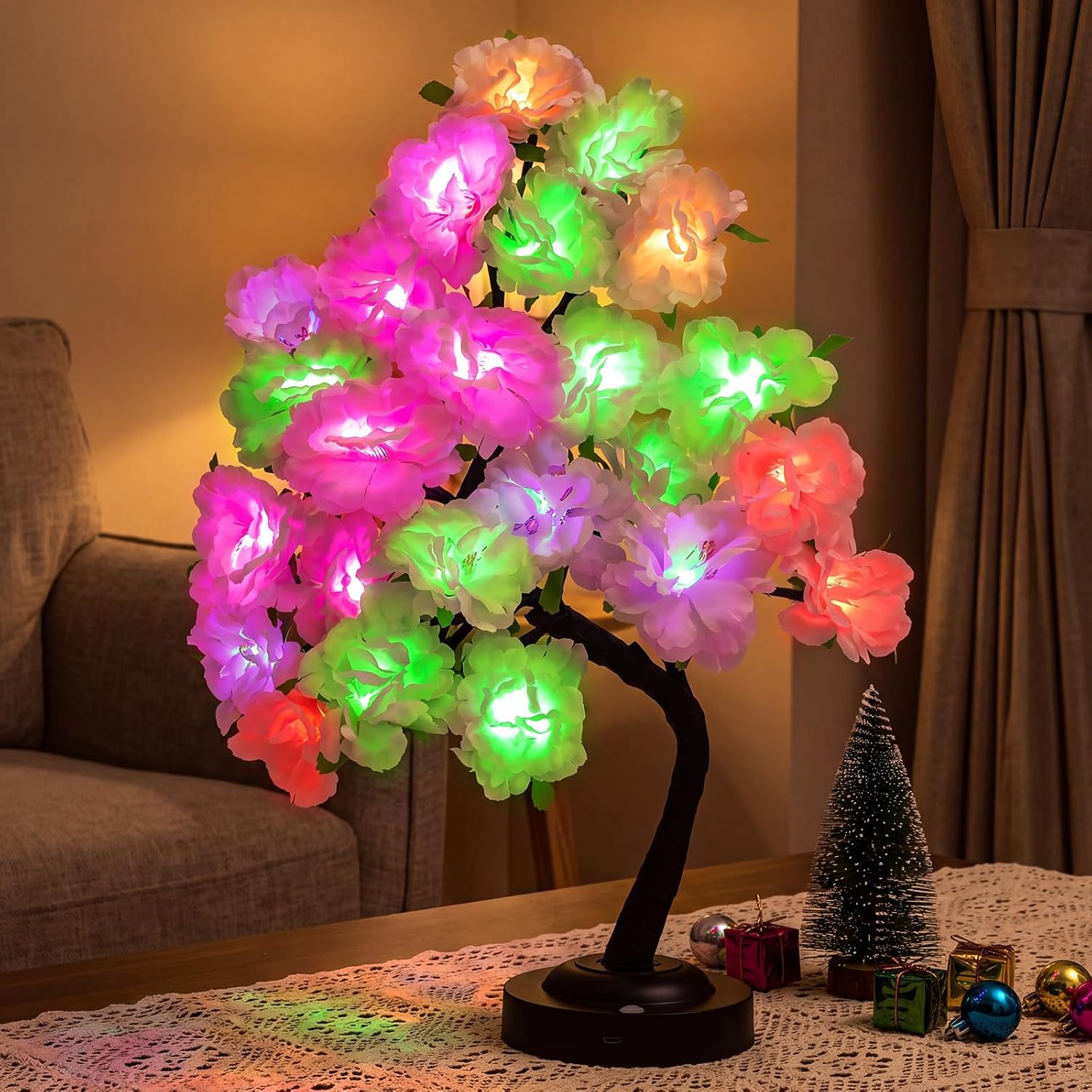 Artificial Lighted Rose Tree Lamp, 24 LED Multicolor Rose Table Lamp, Pink