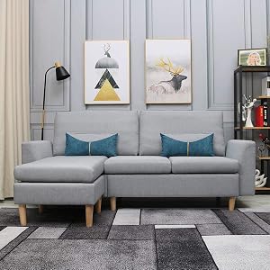 Sectional Sofa, L-Shape Sectional Couch with Reversible Chaise, Couches and Sofas with Modern Linen Fabric for Small Space (Grey-Blue)