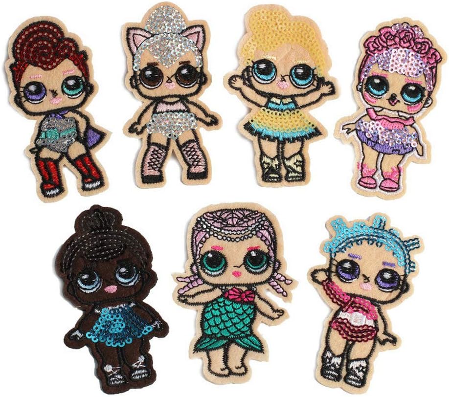 7 Pcs Cartoon Surprise Doll Cute Girl Mermaid Applique Embroidered Patches for Clothes DIY Iron on Sequined Patch