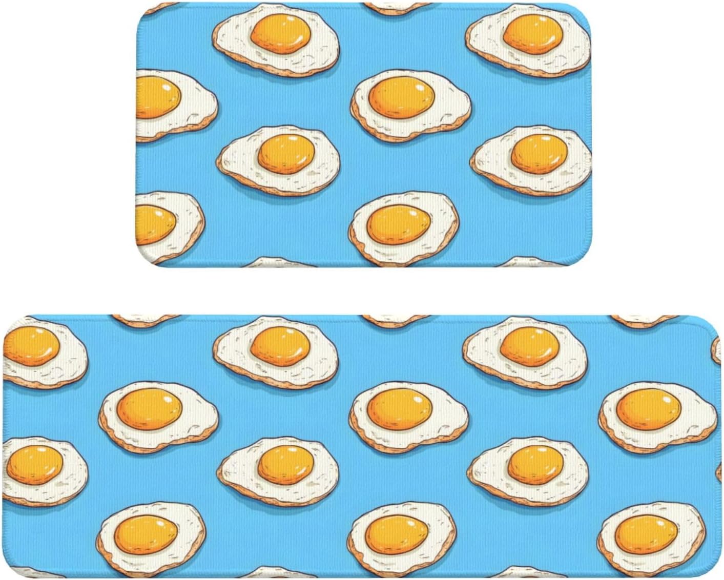 Cute Fried Egg Print Kitchen Rugs Sets of 2 Non Slip Washable, Anti Fatigue Kitchen Mats for Floor, Home Decor
