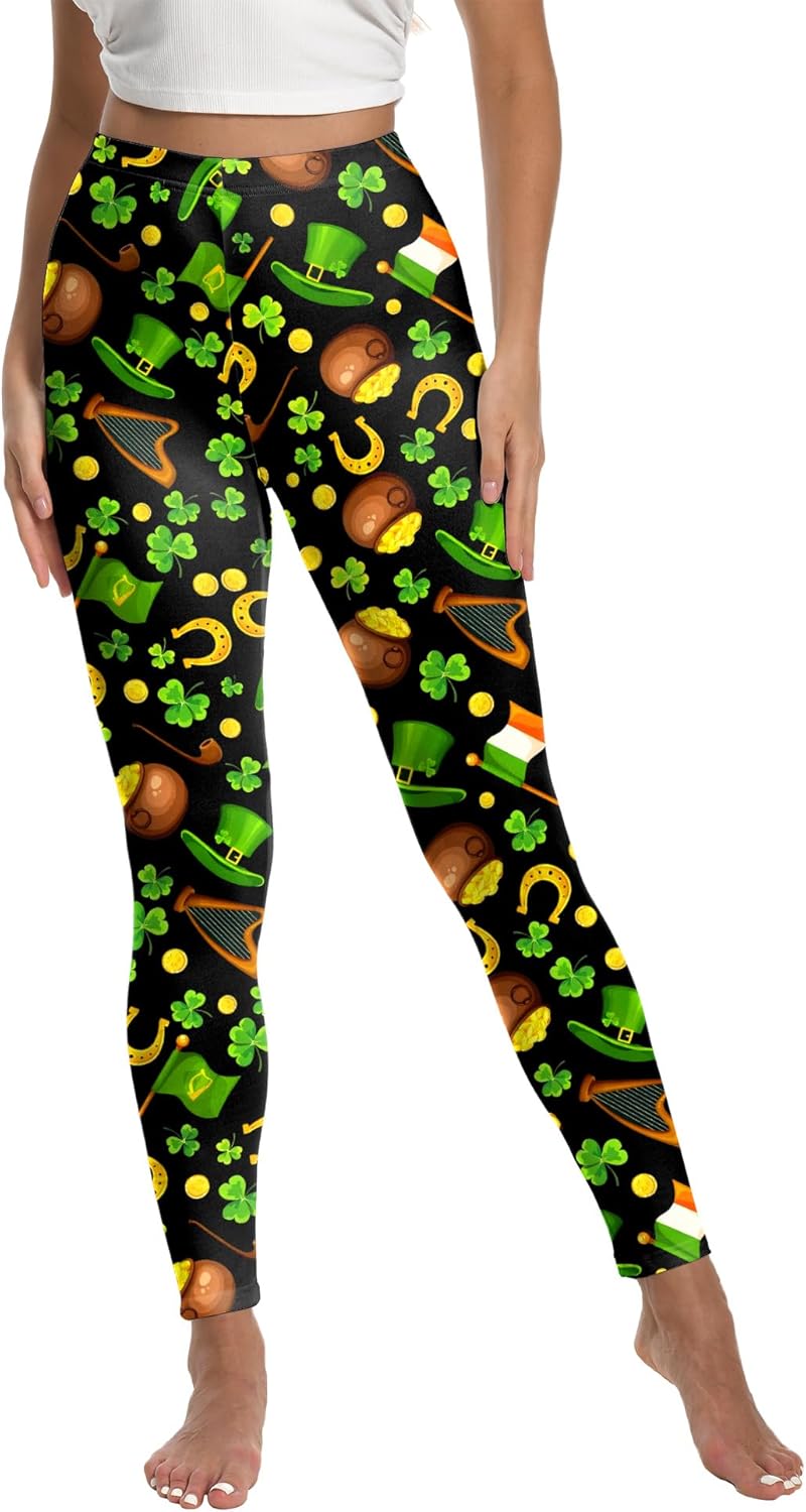 Women's St. Patrick's Day Leggings Shamrock Clover Pattern High Waisted Yoga Pants - Image 2