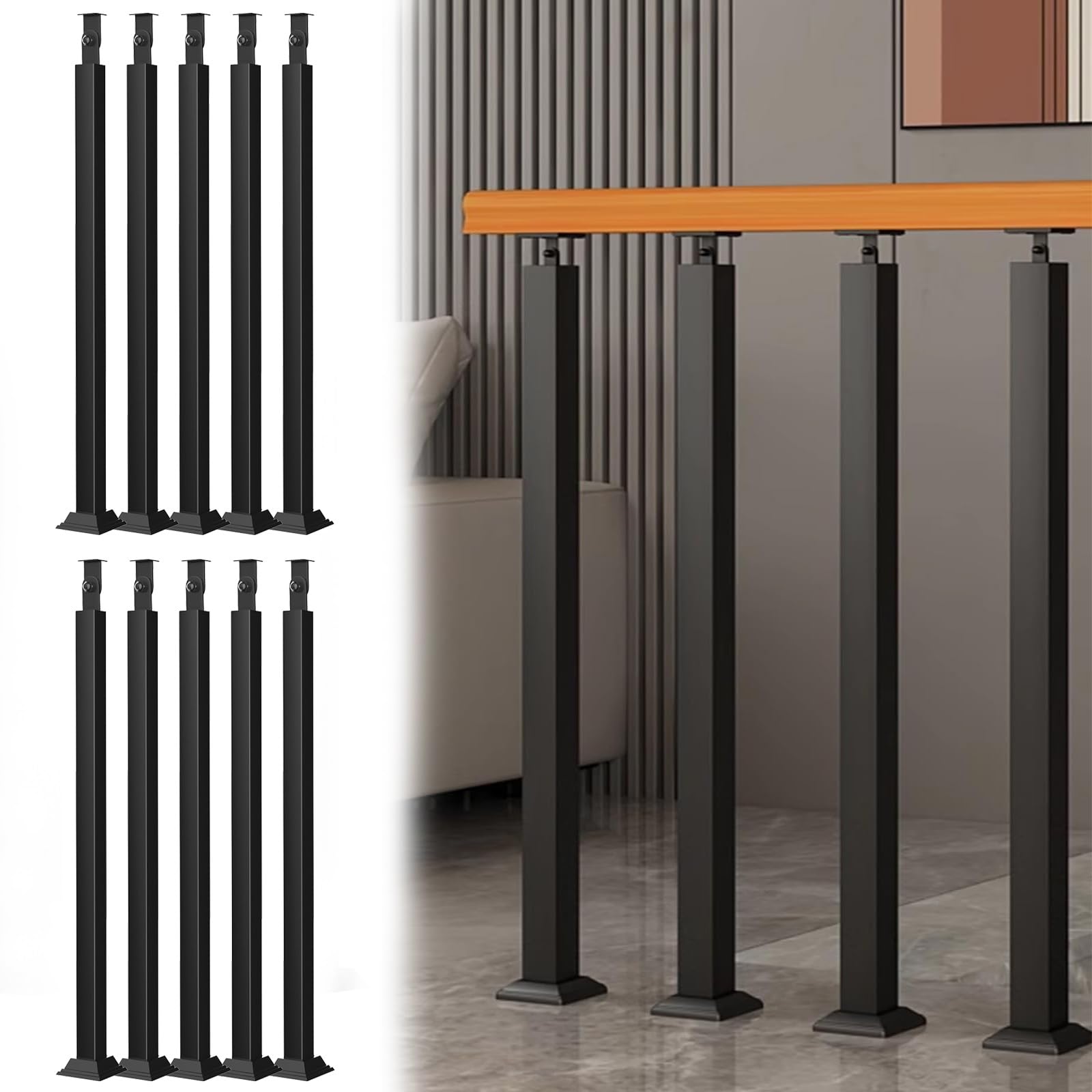 Poteaux de balustre en fer noir au design carré de 65 cm pour décoration intérieure
