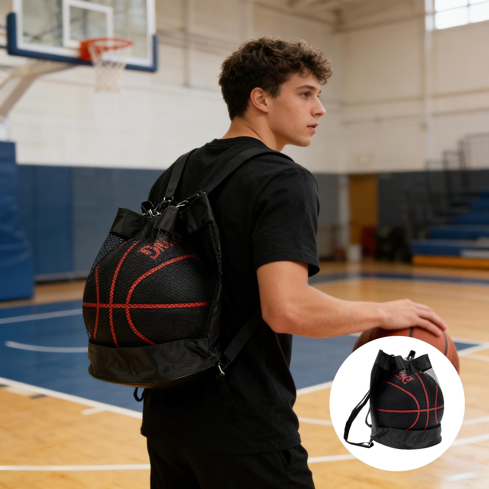 Lot de 2 sacs de basket-ball - 1 sac de ballon avec cordon de serrage - Sac de basketball portable - Grande capacité - Sac en filet pour football, tennis, enfants et adultes