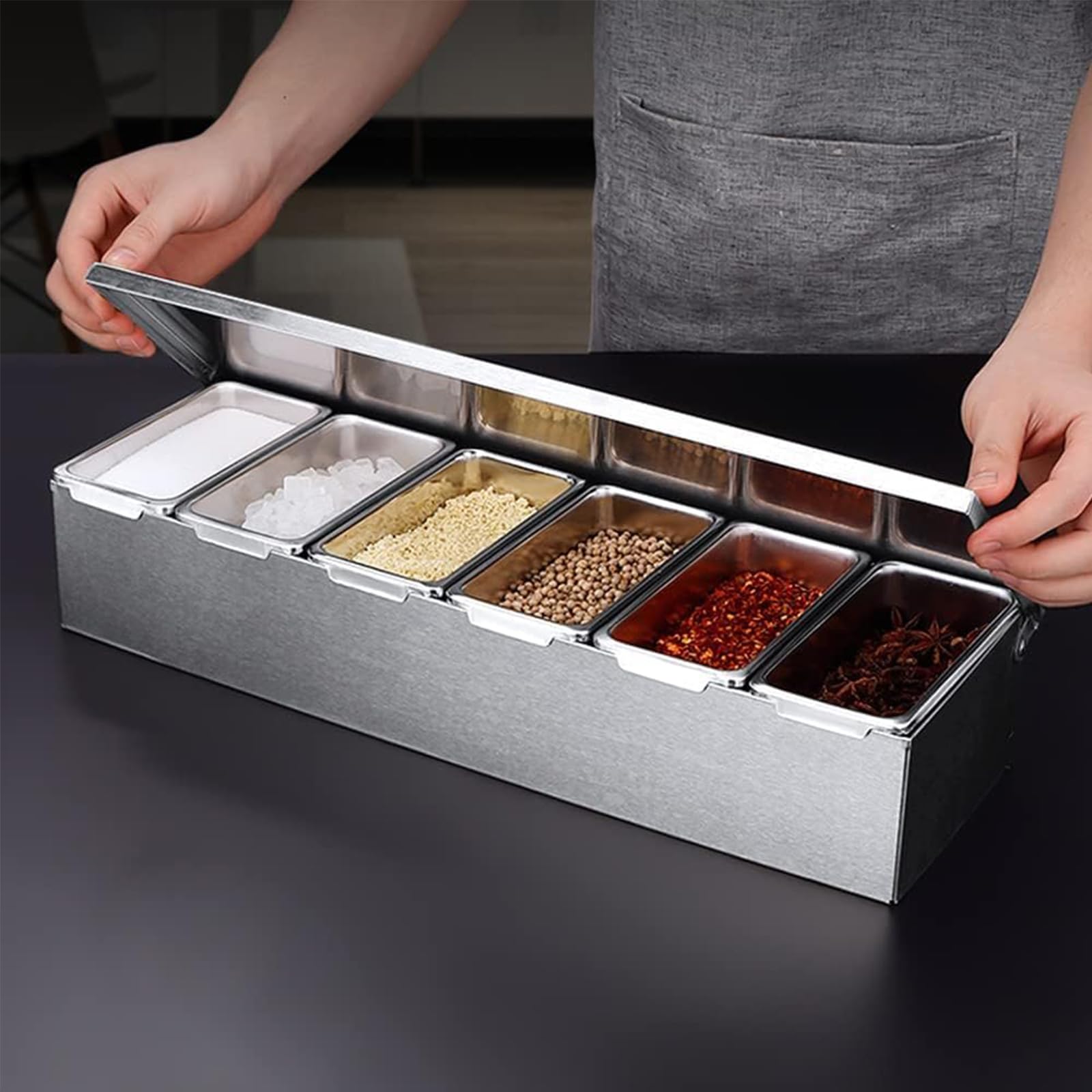 TAIMIKO Contenitore per ingredienti in acciaio inox, 6 griglie, contenitore per spezie, 45 x 14 x 8 cm, contenitore per barbecue con coperchio e griglia interna estraibile, portaspezie cucina