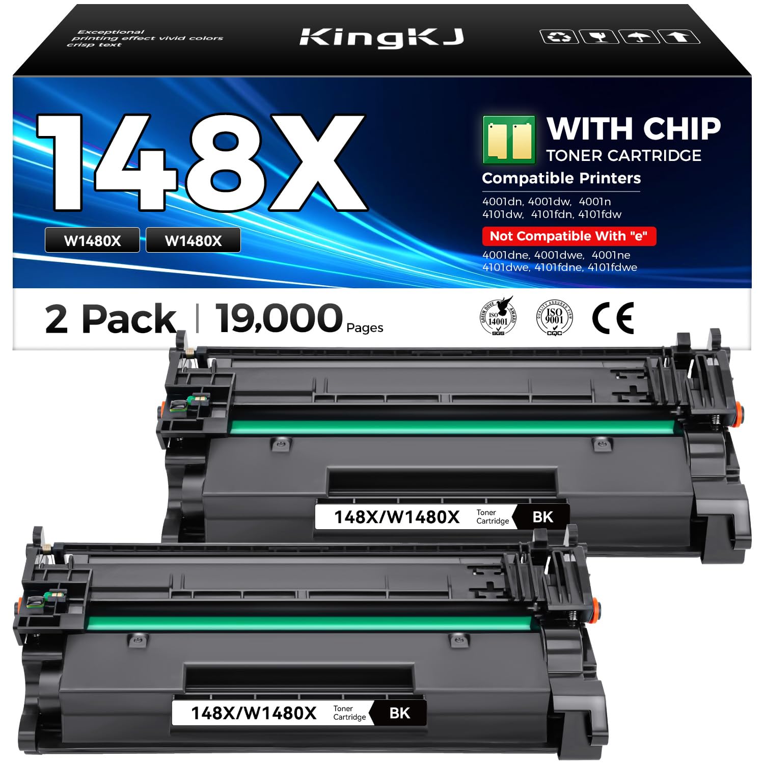 148X Black Toner Cartridge High Yield with chip 2-Pack Replacement for HP 148X W1480X 148A W1480A Compatible with HP LaserJet Pro MFP 4101dw 4101fdn 4101fdw 4001dn 4001dw 4001n Printer Ink 4001 4101 e