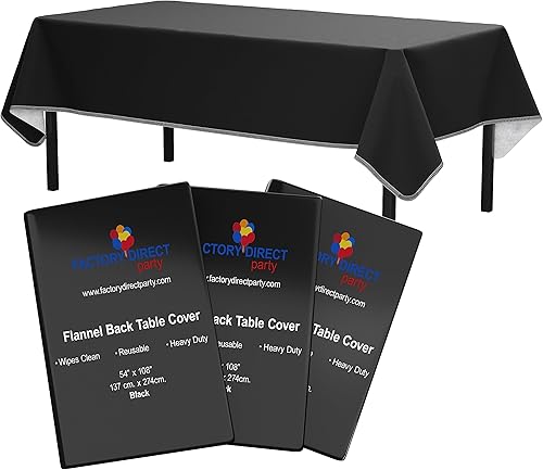 Manteles de vinilo negro de 54 x 108 pulgadas, paquete de 3 manteles rectangulares, manteles de vinilo con respaldo de franela negra para mesas