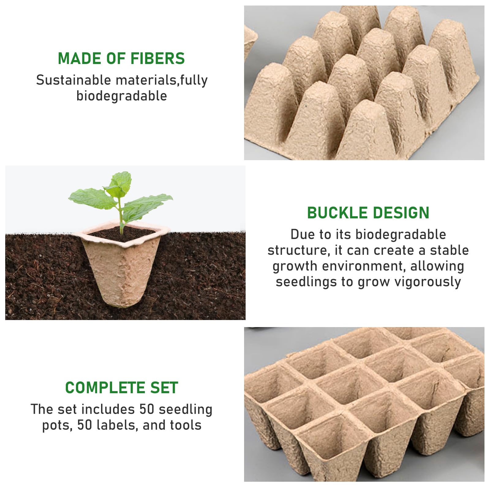 PORFOYO Lot de 50 pots de culture, 600 cellules, biodégradables, en carton, sans tourbe, avec 50 étiquettes et outils