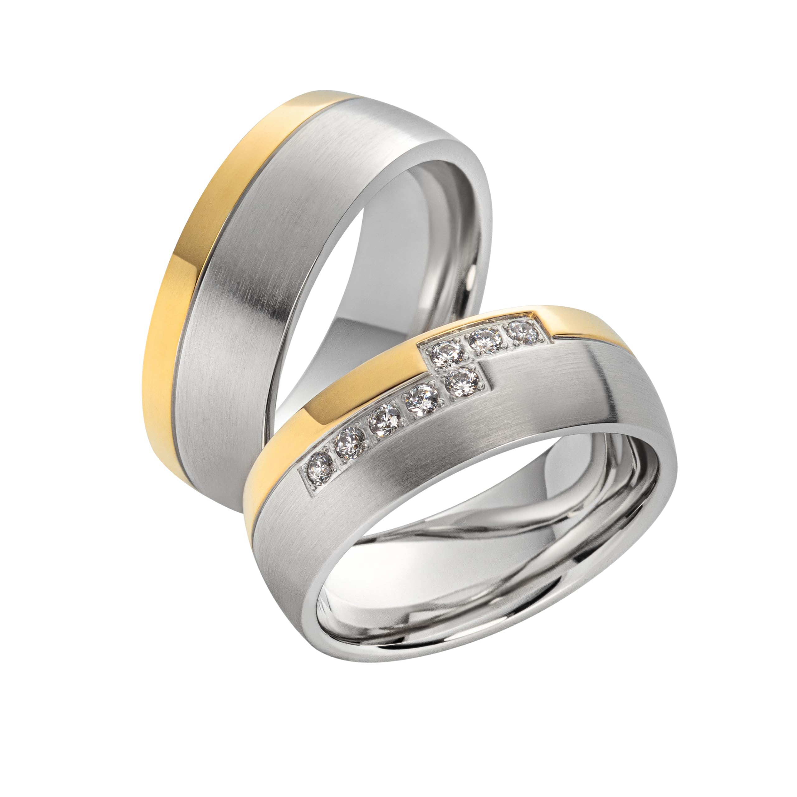 Generisch Paar Partnerringe & Eheringe aus Edelstahl 316L – 8 mm Trauringe matt-poliert mit PVD Gold & 6 Zirkonia, Hochzeitsringe in Gößre 48-74 mit Gravur und Etui | AB2038