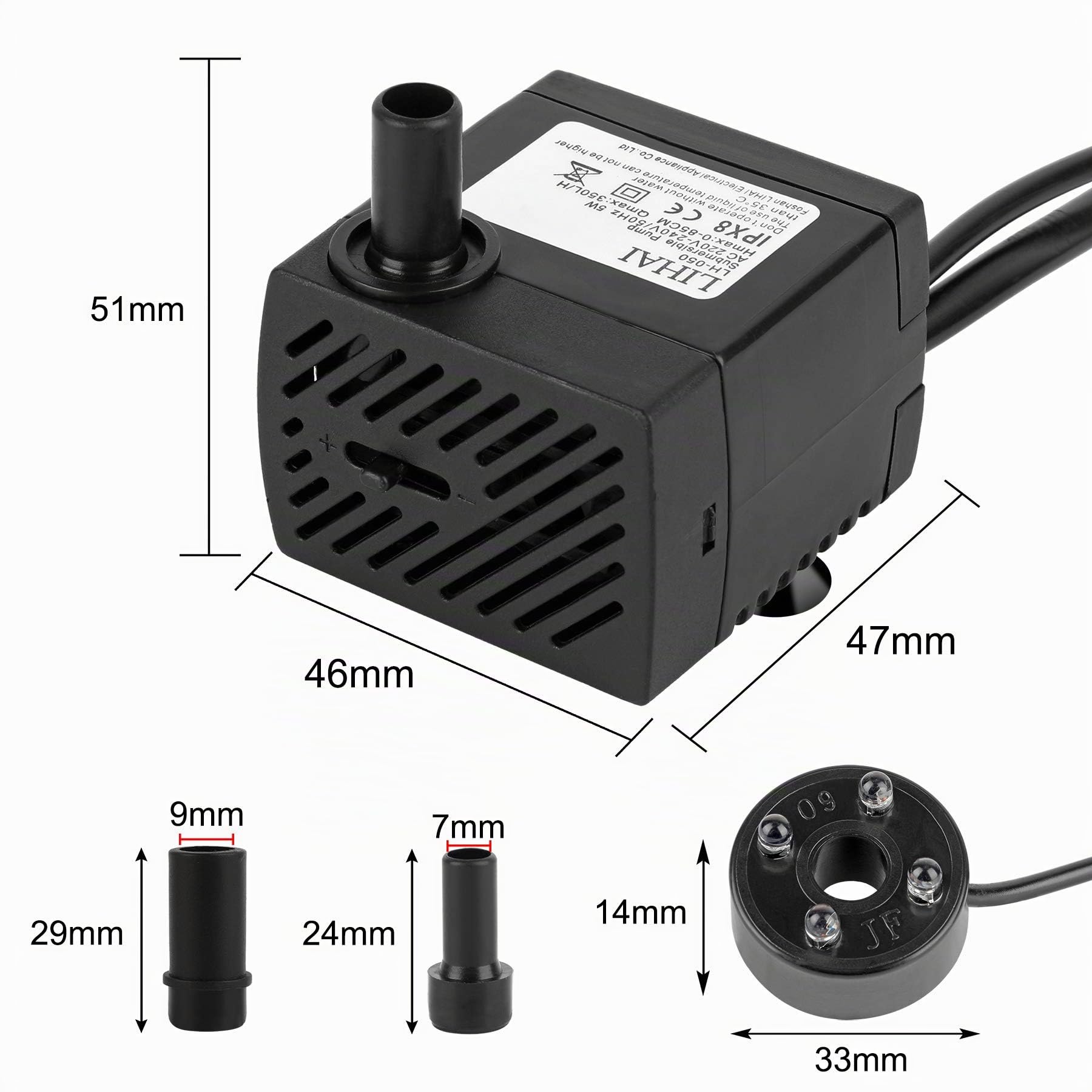 Mini pompe à eau avec 4 lumières LED 350 l/h 3,5 W, pompe à eau d'aquarium pour jardin, fontaine, rocaille, pompe à eau pour jardin, pompe submersible, hauteur de refoulement maximale 0,85 m