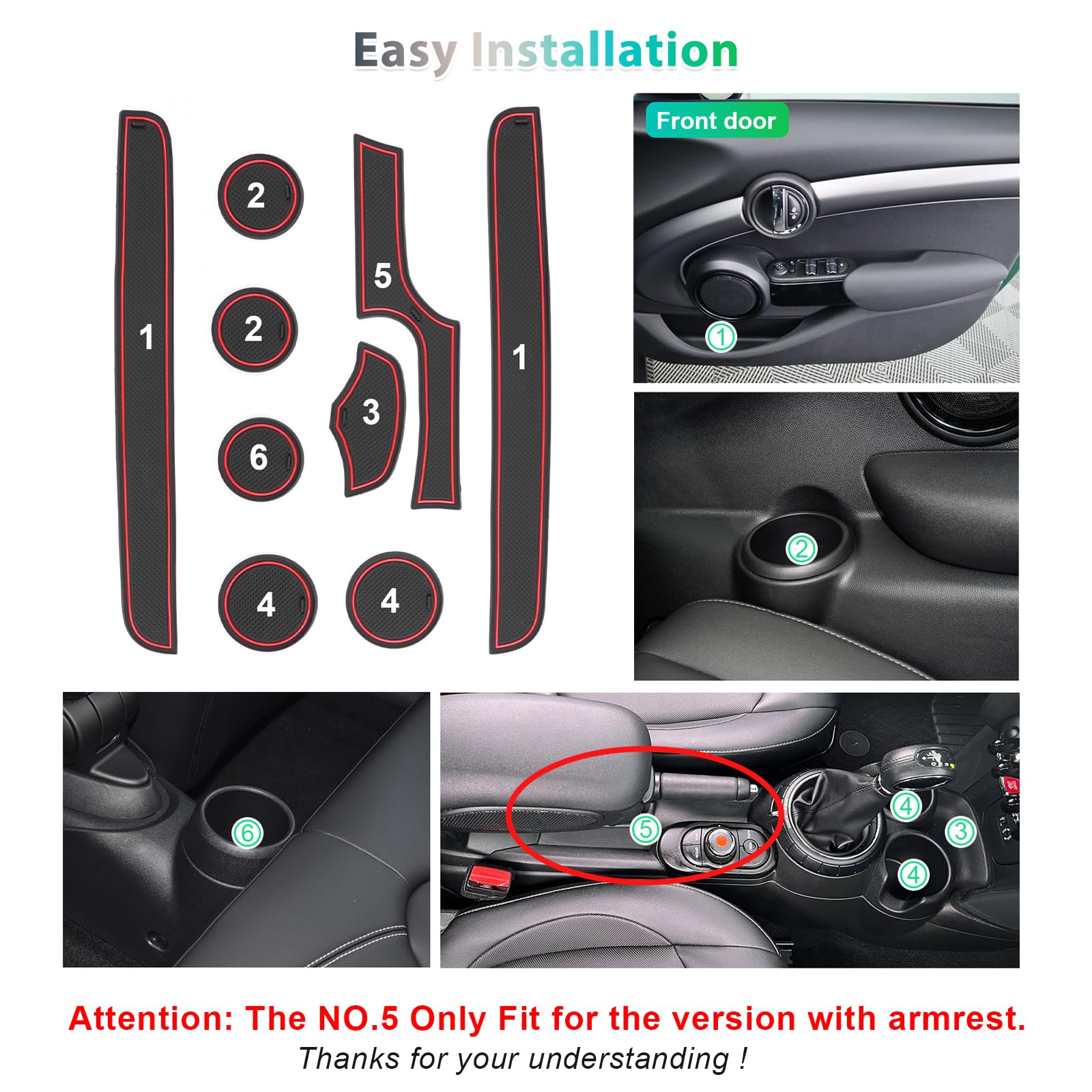 GAFAT Compatibile con Mini Cooper F56 (2 Porte) 2015-2022 2023 Tappetini Antiscivolo in Gomma, Cooper 2023 Tappetino per Console Centrale, Cuciture Porte, Accessori Cooper F56 (Rosso)