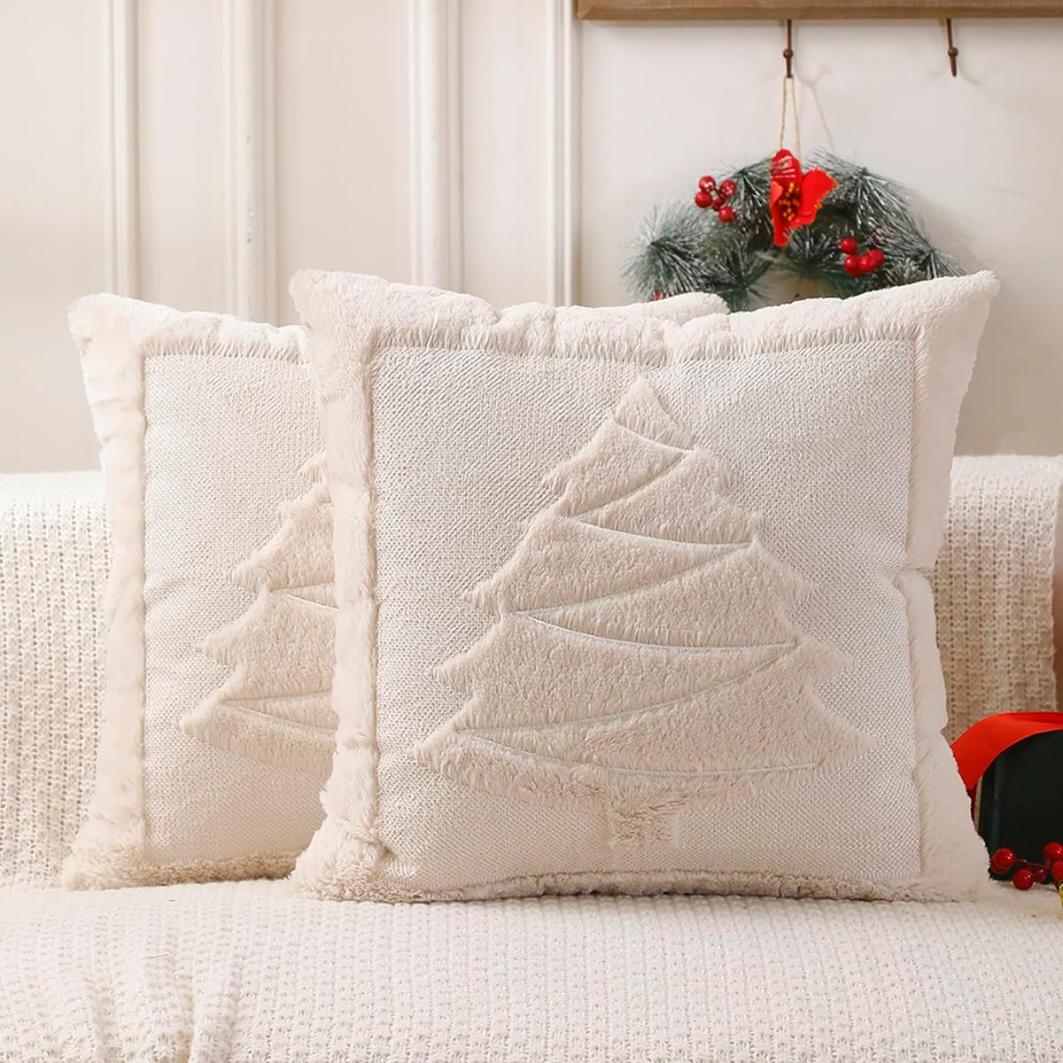 VAKADO Christmas Throw Pillow Covers 20x20 Set of 2 ，Winter Christmas Decoration Outdoor Green Tree,Snow Flake Decorative Home Decor for Couch Festival Bed Sofa Bedroom Living Room Office