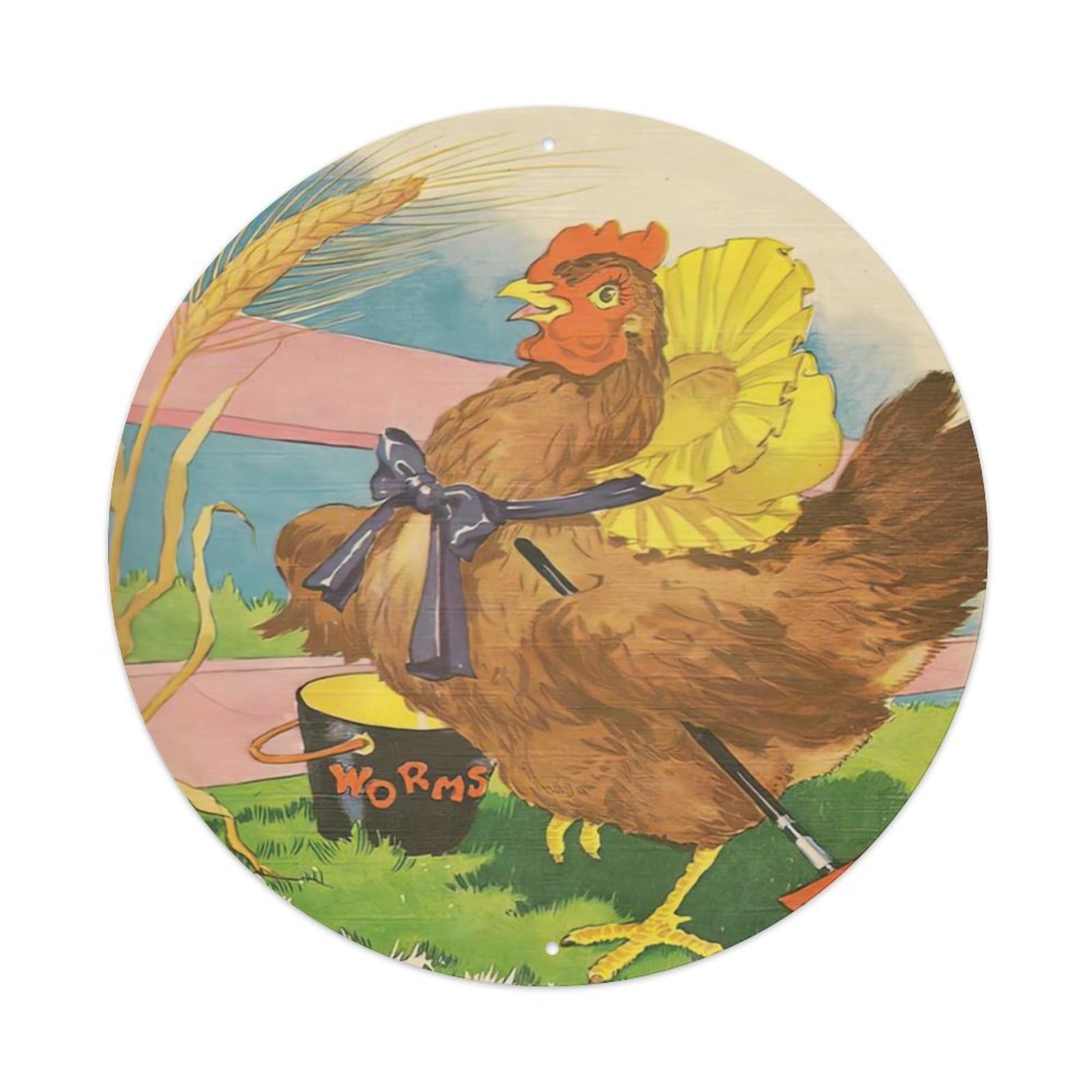 Animal Artwork Chicken Sweeping The Floor Vintage Metal Tin Sign Plaque Wall Decor for Cafe, Club Bar, Office, Garden Metal Poster 8x8Inch