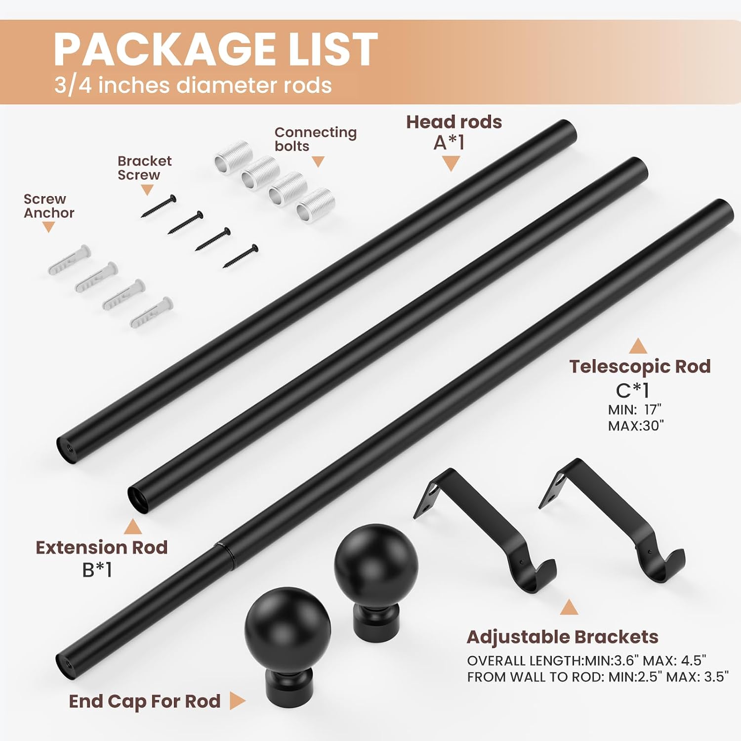 Adjustable Curtain Rods for Windows 32 to 46 Inches, Curtain Rod Max Adjustable Length of 46 IN, 3/4" Diameter Stainless Steel No Drill Tension Rods Round Finials, Matte Black, Pack of 1